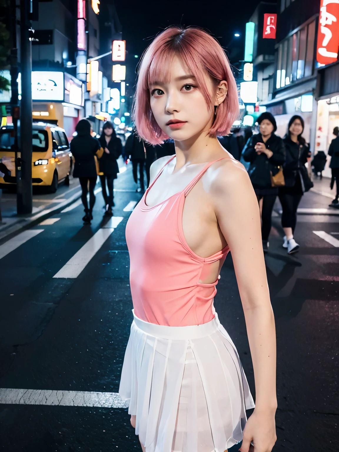 ((wearing neoncolor leotard and skirt)), // Bewitching eyes, well-balanced eyes, //street snap // ((facing viewer)), //at the street in tokyo, //japanese lady, pale skin, //droopy eyes,//short pink hair, //((standing)), high quality:1.3, Professional lighting:2.0 realistic:1.2, 4k resolution, detailed skin, masterpiece:1.1