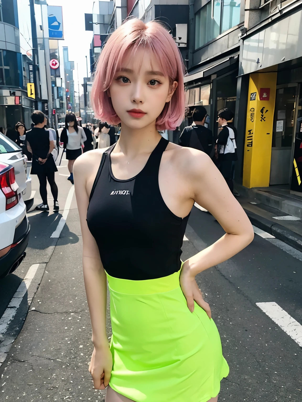 ((wearing neoncolor leotard and skirt)), // Bewitching eyes, well-balanced eyes, //street snap // ((facing viewer)), //at the street in tokyo, //japanese lady, pale skin, //droopy eyes,//short pink hair, //((standing)), high quality:1.3, Professional lighting:2.0 realistic:1.2, 4k resolution, detailed skin, masterpiece:1.1