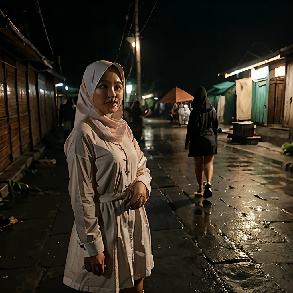 Seorang gadis berdiri di tepi jalan memegang payung saat cuaca hujan deras, background suasana kota saat senja