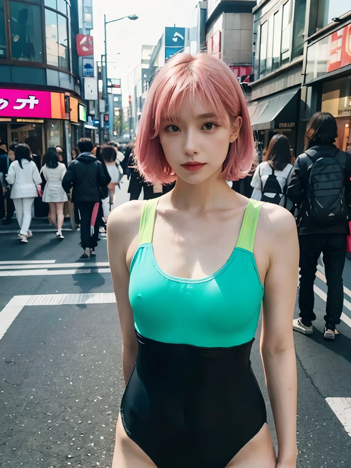 ((wearing neoncolor leotard)), // Bewitching eyes, well-balanced eyes, //street snap // ((facing viewer)), //at the street in tokyo, //japanese lady, pale skin, //droopy eyes,//short pink hair, //((standing)), high quality:1.3, Professional lighting:2.0 realistic:1.2, 4k resolution, detailed skin, masterpiece:1.1