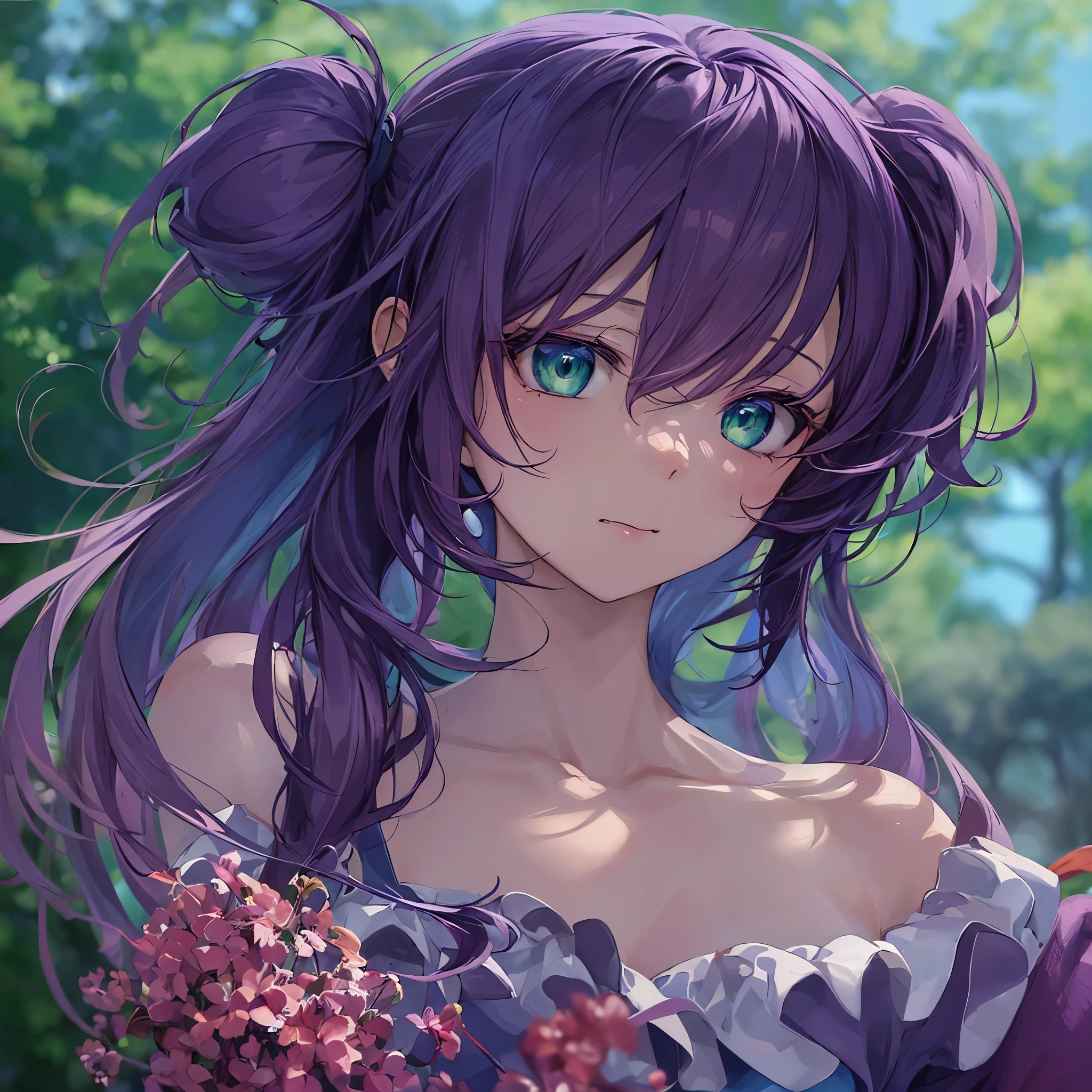 anime girl with purple hair and green eyes posing for a picture, 2 d anime style, anime moe artstyle, fubuki, anime style portrait, flat anime style shading, clean detailed anime style, semirealistic anime style, in an anime style, fully colored, anime style character, full colored, realistic anime artstyle, lena, everlasting summer, sad, despair, empty eyes