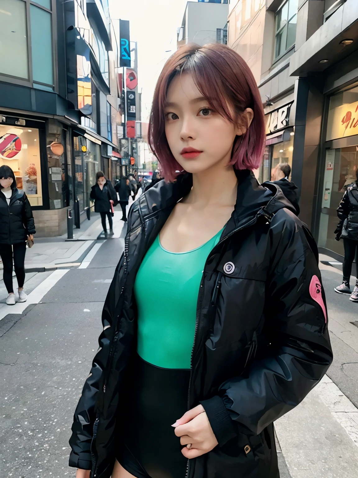 (((wearing white long Down jacket ))), ((wearing neoncolor leotard)), ((wearing fishnet tights)), // Bewitching eyes, well-balanced eyes, //street snap // ((facing viewer)), //at the street in tokyo, //japanese lady, pale skin, //droopy eyes,//short pink hair, //((standing)), high quality:1.3, Professional lighting:2.0 realistic:1.2, 4k resolution, detailed skin, masterpiece:1.1