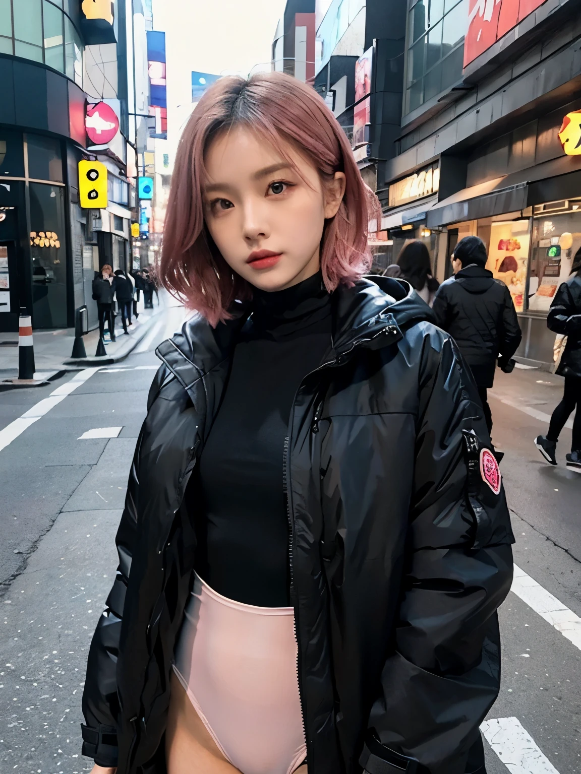(((wearing black long Down jacket ))), ((wearing neoncolor leotard)),// Bewitching eyes, well-balanced eyes, //street snap // ((facing viewer)), //at the street in tokyo, //japanese lady, pale skin, //droopy eyes,//short pink hair, //((standing)), high quality:1.3, Professional lighting:2.0 realistic:1.2, 4k resolution, detailed skin, masterpiece:1.1