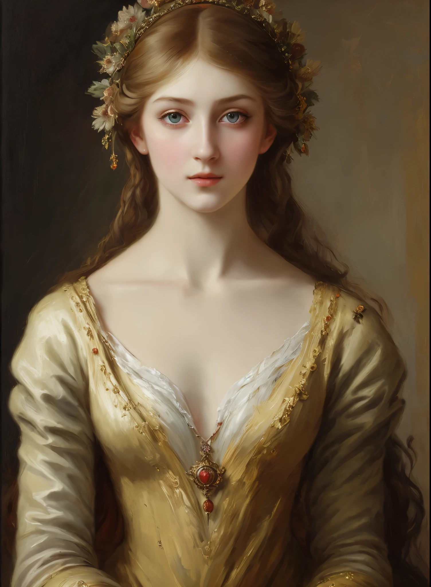 portrait, girl, middle ages, classicism, andrey atroshenko style, painting, pierced eyes, beautifully styled hair, traditional media, realistic, figurative, fine art, oil on canvas, HDR, 8K, original character, high resolution, high detail, focus on the face, beautiful eyes