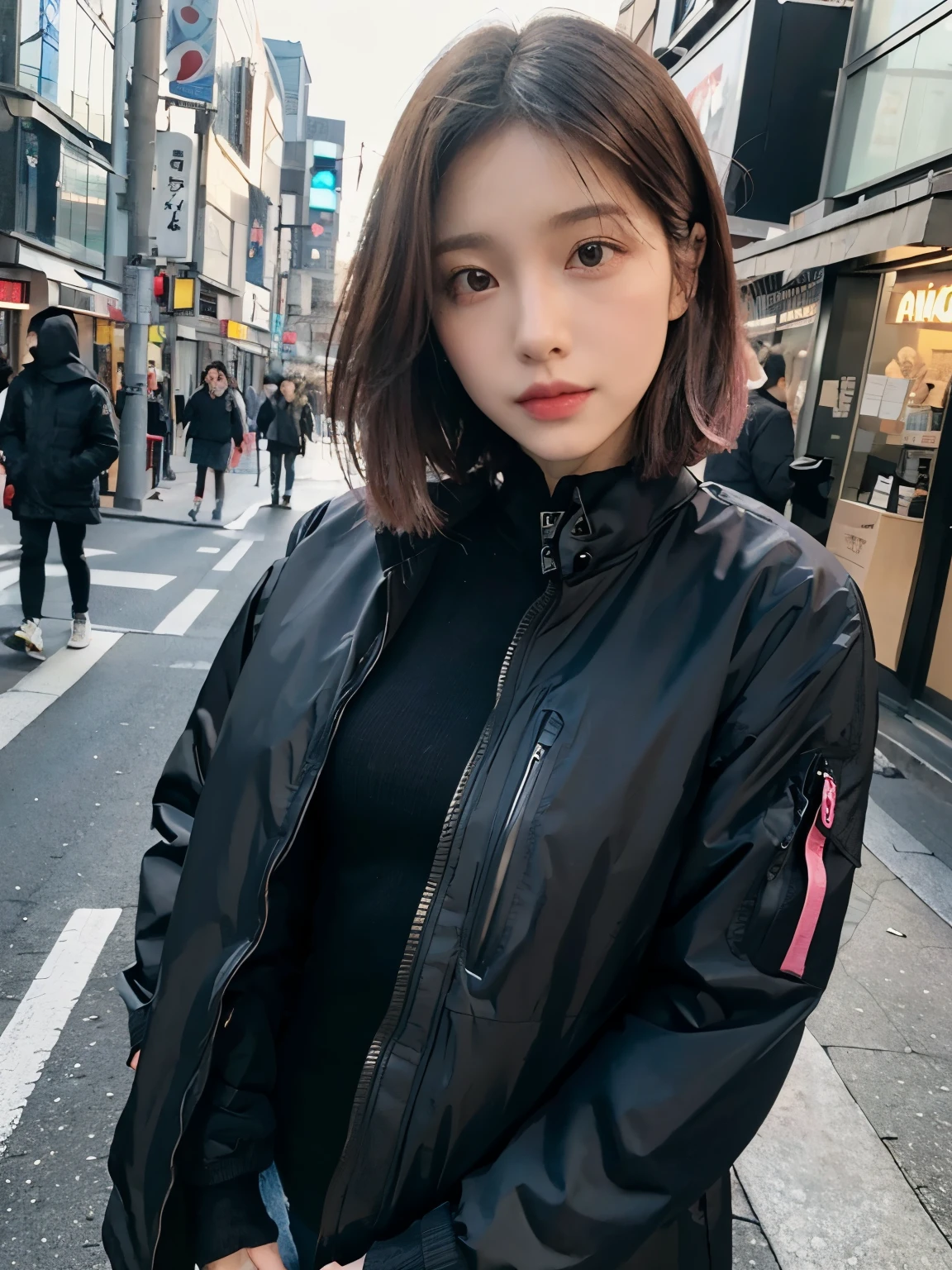 (((wearing black long Down jacket ))), wearing leotard,// Bewitching eyes, well-balanced eyes, //street snap // ((facing viewer)), //at the street in tokyo, //japanese lady, pale skin, //droopy eyes,//short pink hair, //((standing)), high quality:1.3, Professional lighting:2.0 realistic:1.2, 4k resolution, detailed skin, masterpiece:1.1