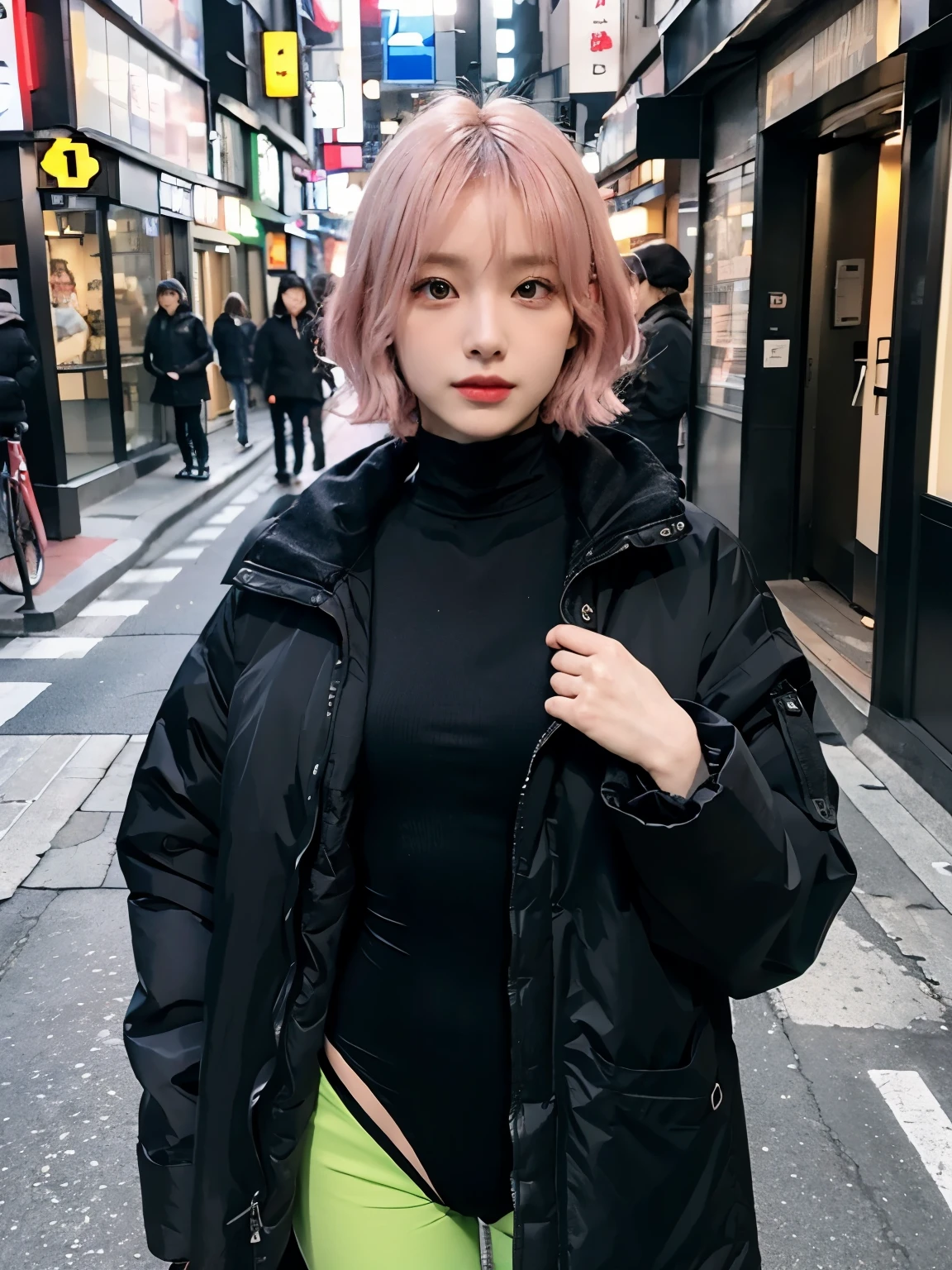 (((wearing black long Down jacket ))), wearing leotard,// Bewitching eyes, well-balanced eyes, //street snap // ((facing viewer)), //at the street in tokyo, //japanese lady, pale skin, //droopy eyes,//short pink hair, //((standing)), high quality:1.3, Professional lighting:2.0 realistic:1.2, 4k resolution, detailed skin, masterpiece:1.1