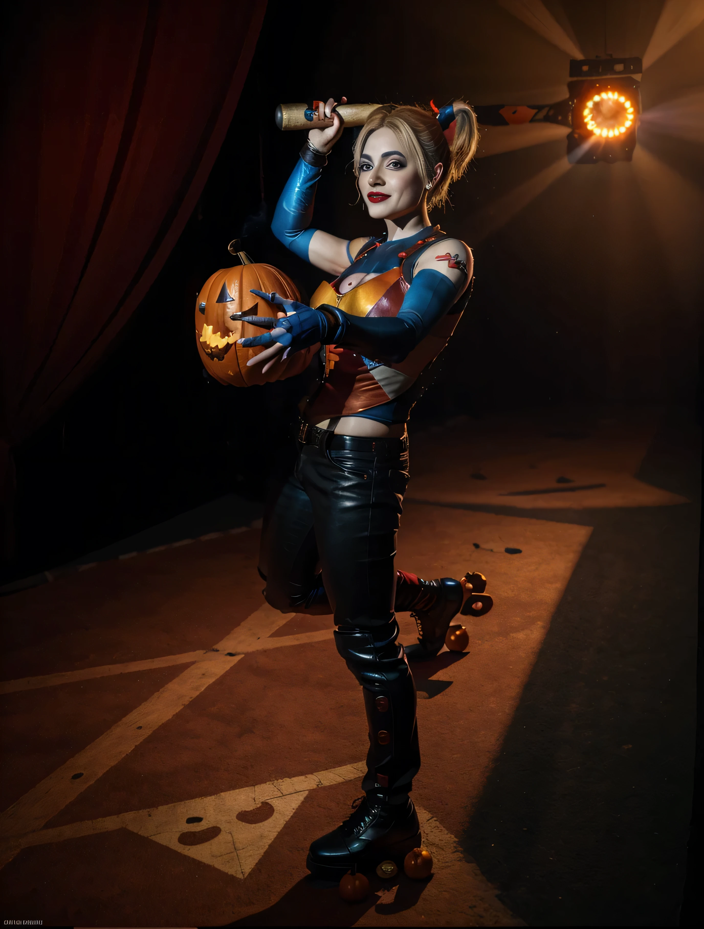 harley quinn, circus，jocker，Scary animals，pumpkins，the bats，Stage effects，stage lighting，Stage surrounded by smoke，True ray tracing