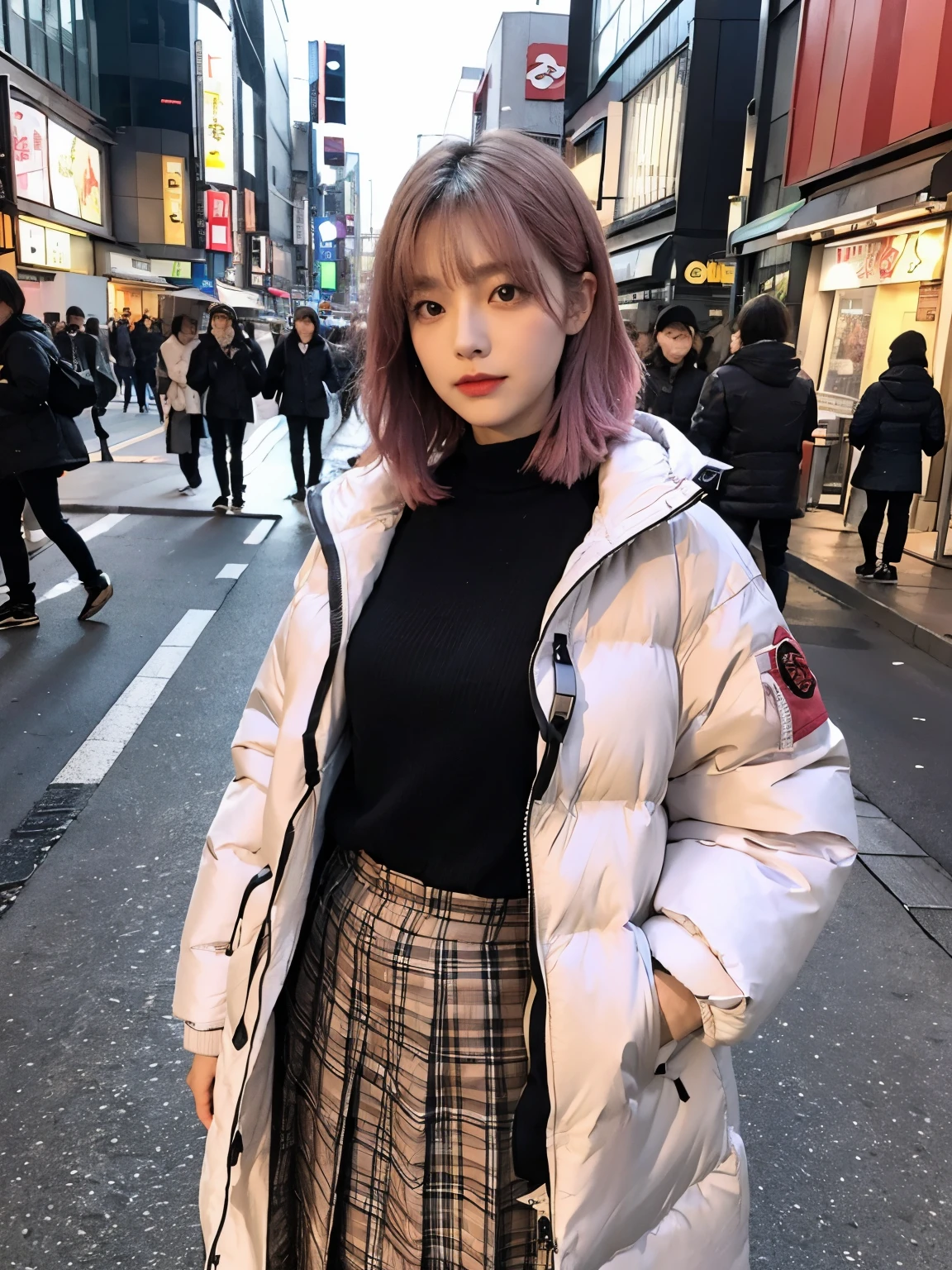 (((wearing big size Down jacket ))), wearing multicolor long skirt, plaid super big stall,// Bewitching eyes, well-balanced eyes, //street snap // ((facing viewer)), //at the street in tokyo, //japanese lady, pale skin, //droopy eyes,//short pink hair, //((standing)), high quality:1.3, Professional lighting:2.0 realistic:1.2, 4k resolution, detailed skin, masterpiece:1.1