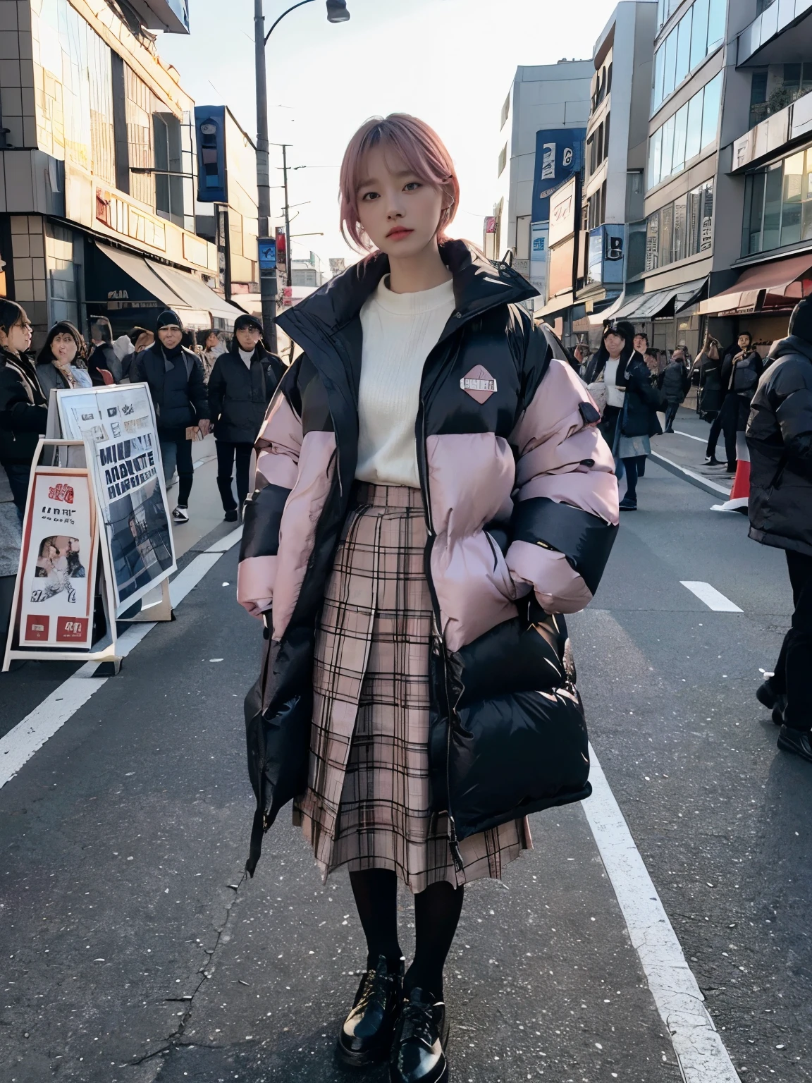 (((wearing big size Down jacket ))), wearing multicolor long skirt, plaid super big stall,// Bewitching eyes, well-balanced eyes, //street snap // ((facing viewer)), //at the street in tokyo, //japanese lady, pale skin, //droopy eyes,//short pink hair, //((standing)), high quality:1.3, Professional lighting:2.0 realistic:1.2, 4k resolution, detailed skin, masterpiece:1.1