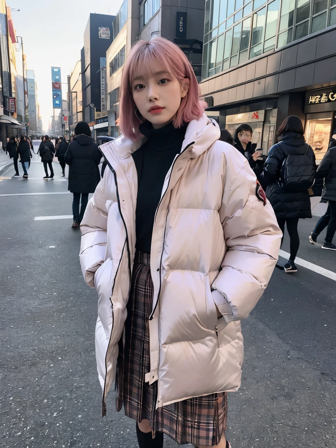 (((wearing big size Down jacket ))), wearing multicolor long skirt, plaid super big stall,// Bewitching eyes, well-balanced eyes, //street snap // ((facing viewer)), //at the street in tokyo, //japanese lady, pale skin, //droopy eyes,//short pink hair, //((standing)), high quality:1.3, Professional lighting:2.0 realistic:1.2, 4k resolution, detailed skin, masterpiece:1.1