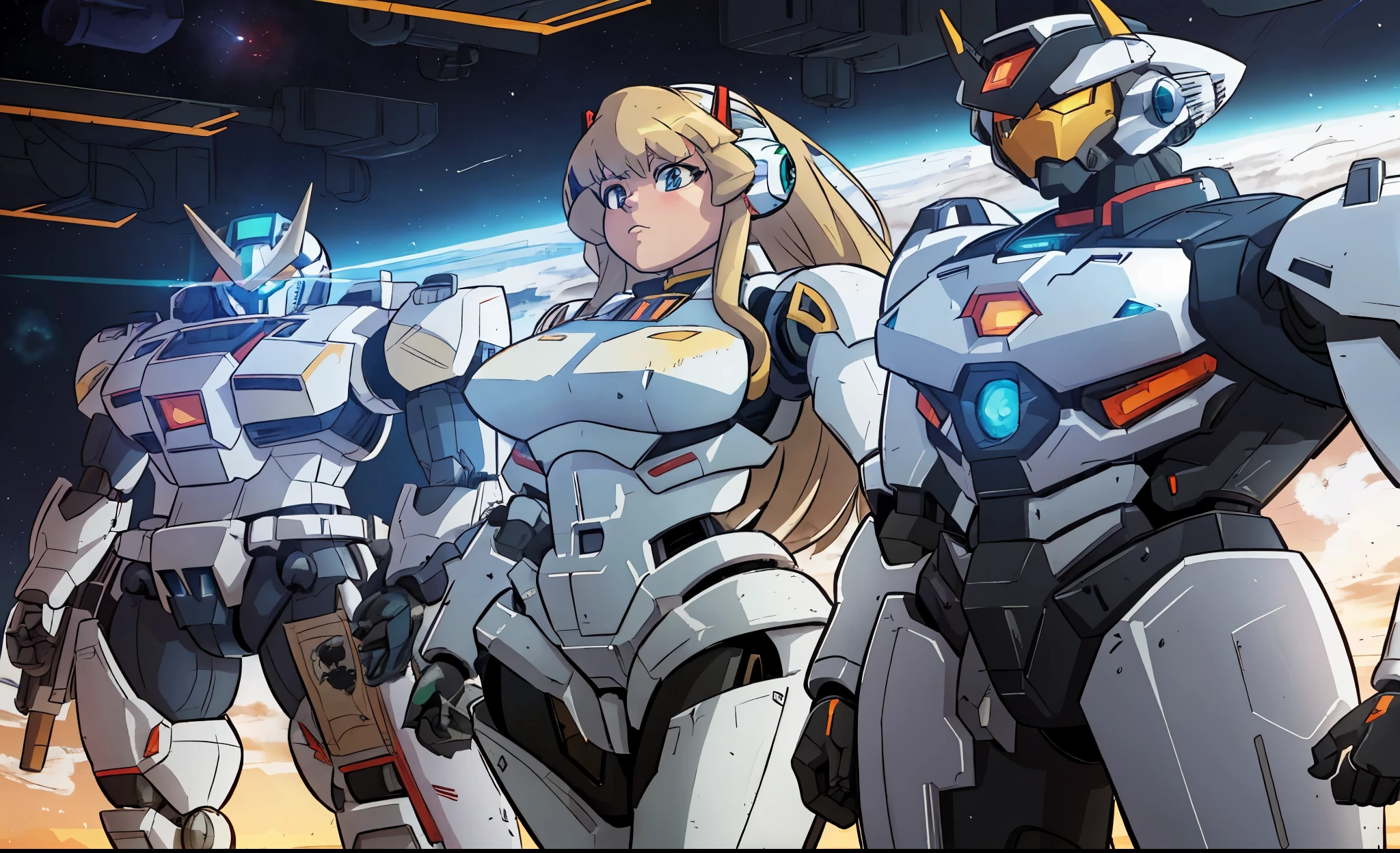 anime characters standing in a line in front of a planet, modern mecha anime, ferra white mecha, mecha anime, modern sci-fi anime, girl in mecha cyber armor, mecha suit, mobile suit, anime mech armor, sci fi anime, sci-fi anime, cool mecha style, by Krenz Cushart, female mecha