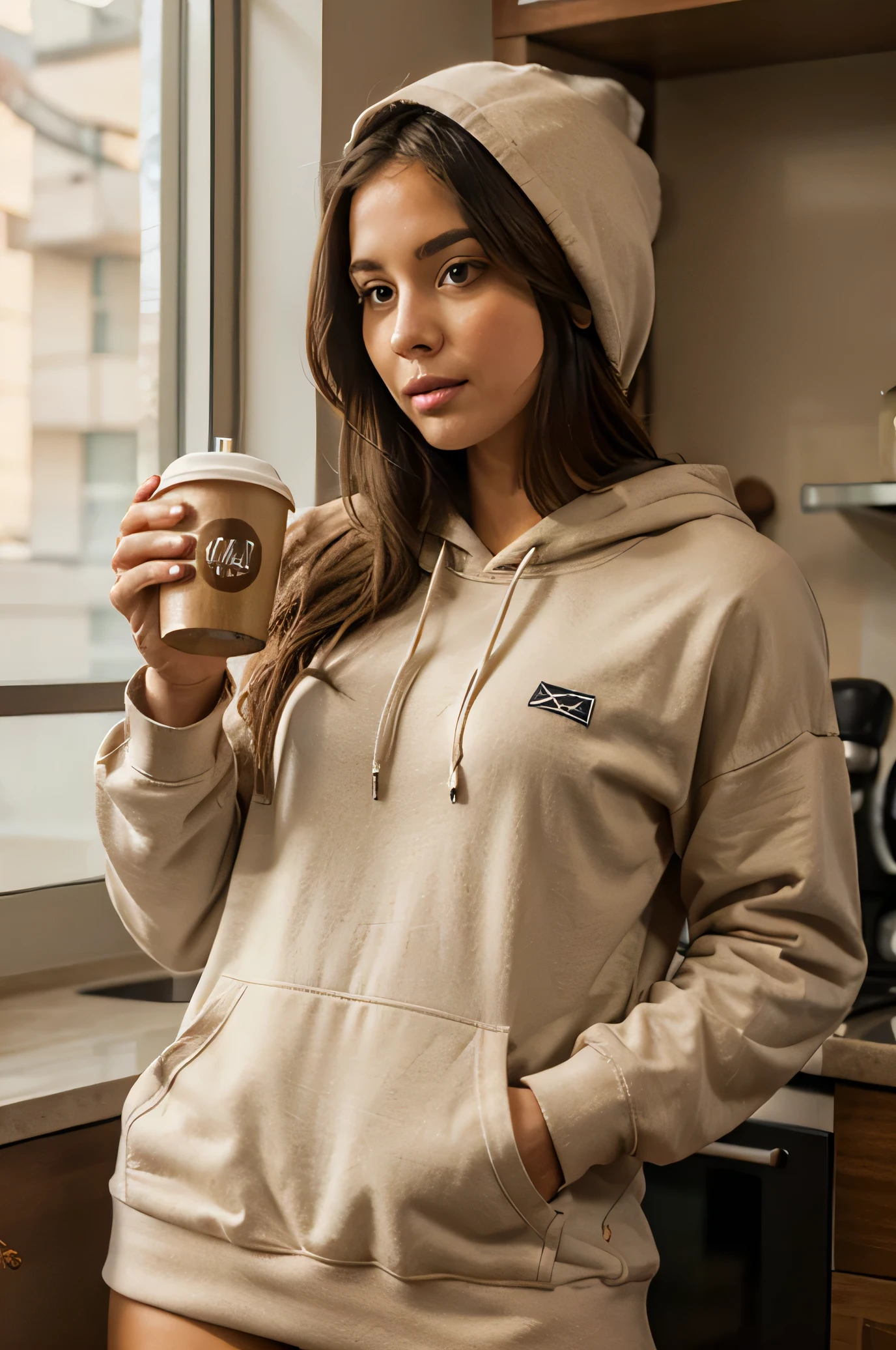 cozy neutral color hoodie female model drink coffee