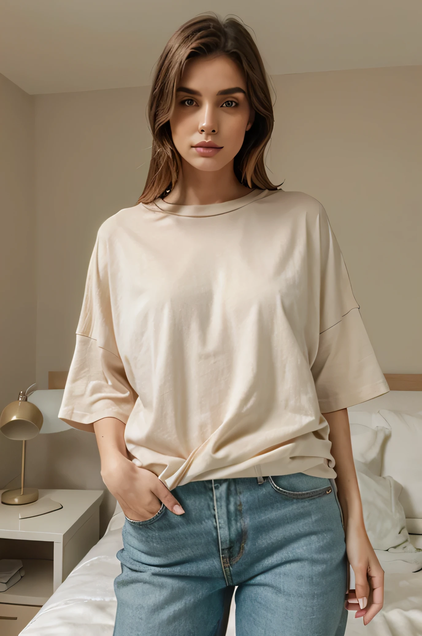 cozy neutral color oversized tshirt female model 