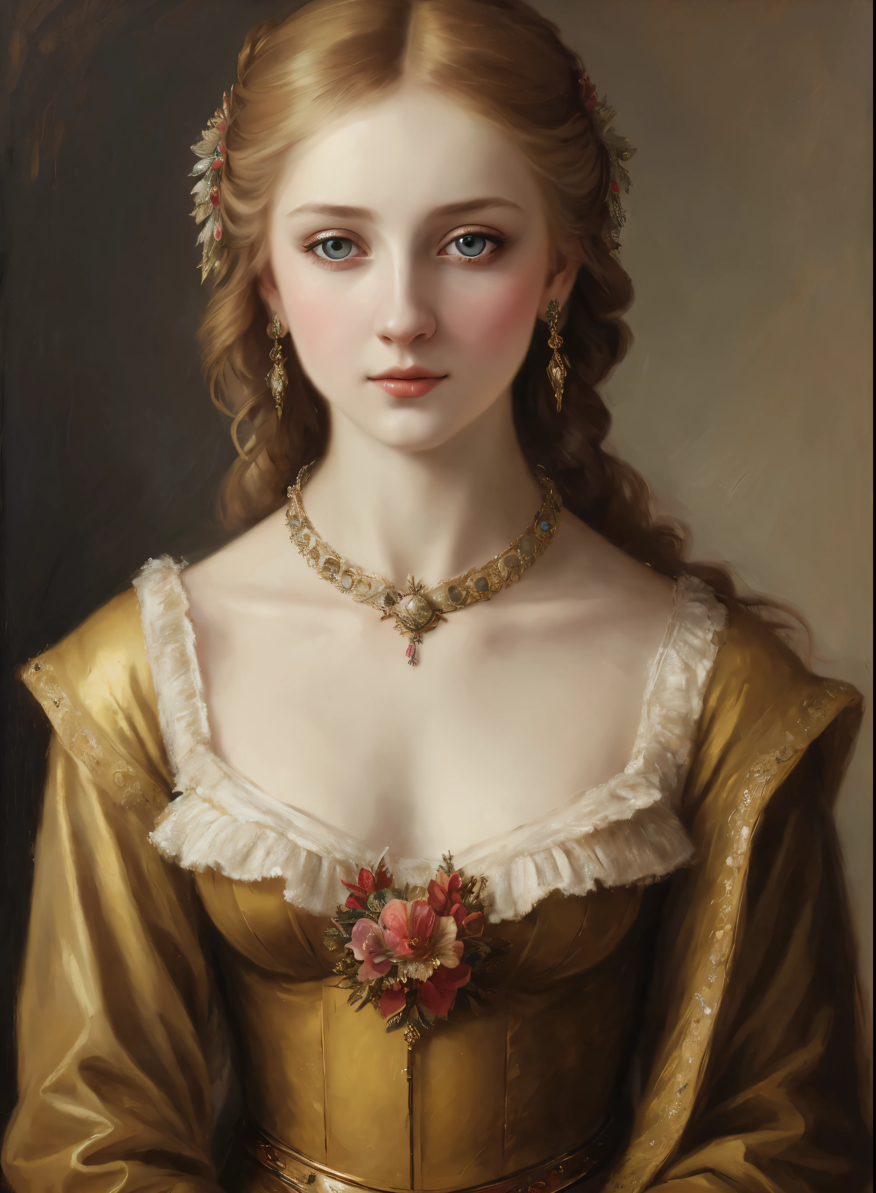 portrait, girl, middle ages, classicism, andrey atroshenko style, painting, pierced eyes, beautifully styled hair, traditional media, realistic, figurative, fine art, oil on canvas, HDR, 8K, original character, high resolution, high detail, focus on the face, beautiful eyes