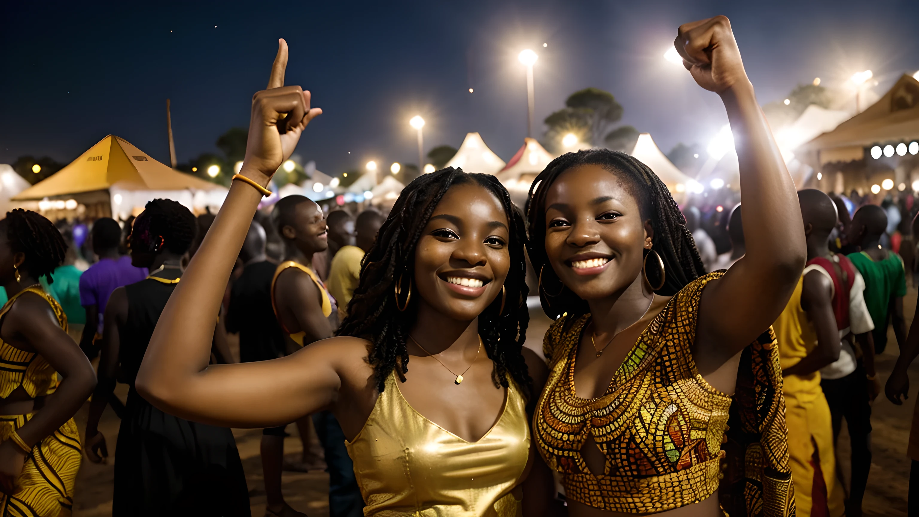 African people smiling and celebrating at a festival. Perfect cinematic lighting, perfect reflections, perfect textures, rule of thirds composition, epic color gradients, high contrast, perfect shadows, perfect lighting