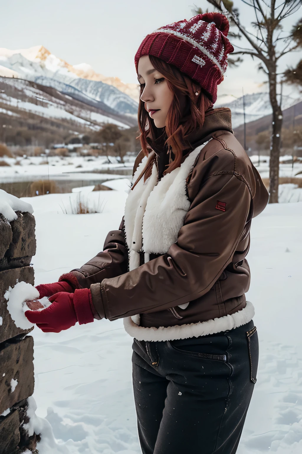 1 chicas, solo, invierno, red short hair, gorro, chaqueton, sudadera, pantalones de nieve, jugando con la nieve