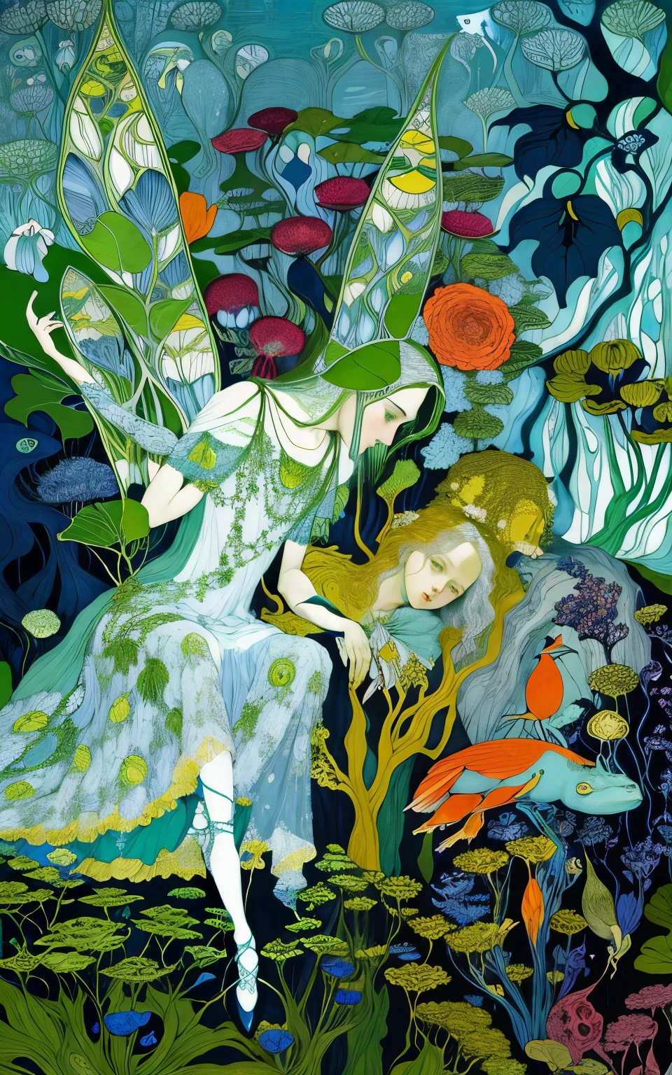 uma pintura de uma fada e um sapo em um jardim, Direção: Ida Rentoul Outhwaite, arte de harry clarke, fadas, Direção: Gustaf Tenggren, Direção: Clara Weaver Parrish, inspired Direção: Ida Rentoul Outhwaite, Direção: Harry Clarke, Kay Nielsen e Wadim Kashin, Fadas, inspired Direção: Gustaf Tenggren, Direção: Edmund Dulac