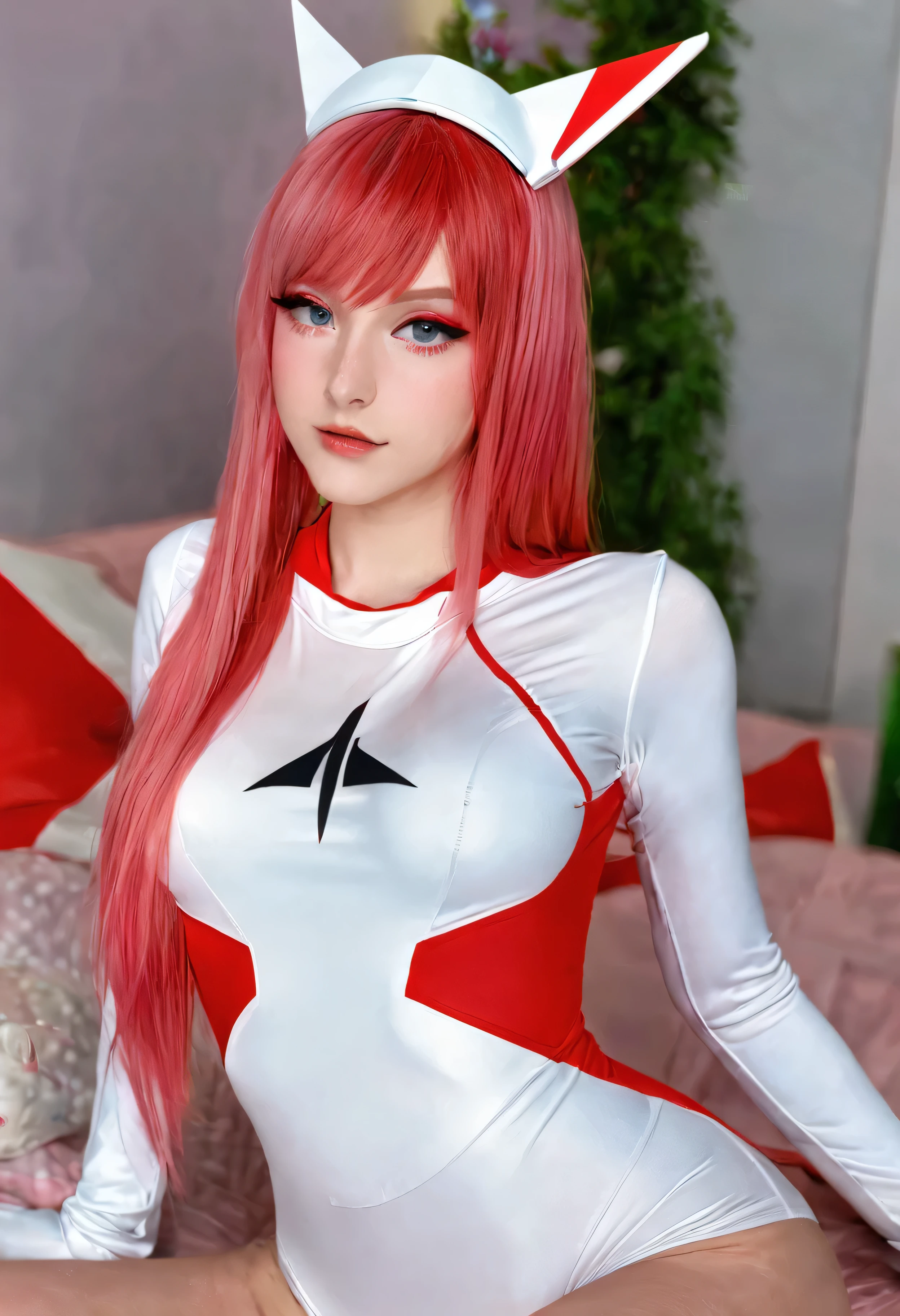  LiluCinnamon, long hair, bangs, sitting, very long hair, closed mouth, full body, pink hair, hairband, horns, looking back, artist name, from side, bodysuit, makeup, watermark, straight hair, skin tight, web address, seiza, eyeshadow, white hairband, realistic, pilot suit, red horns, red bodysuit, zero two (darling in the franxx)