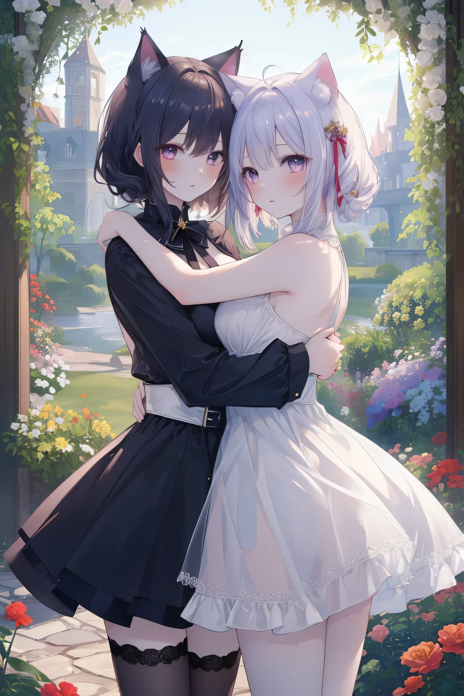 ((masterpiece, highest quality, 8K, High resolution:1.3)), 2 girls, Cat ear, white skin, medium breasts, pointed chest, hug, Hand in hand, panty shot, look at each other seriously, fantasy, garden,
