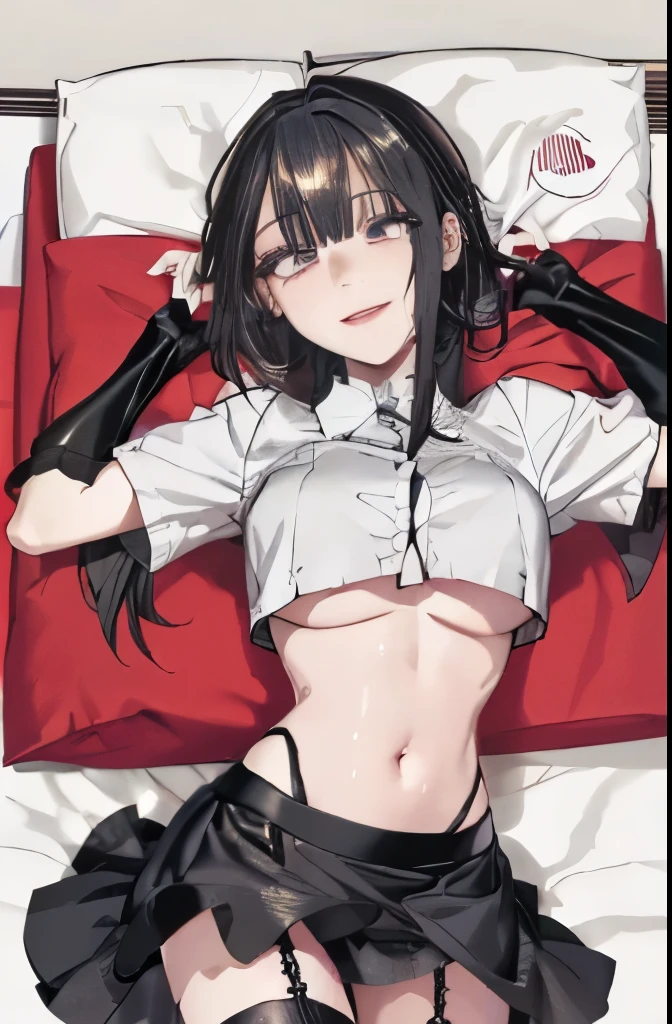 Real Mix、unreal engine 5, 100 floors, super detailed, High quality、textile shading, beautiful and fine eyes, 4K, 8K, 16K, amazing, sharp, realistic, overall details、detailed face and eyes、、super big breasts, belly button, (((Estrus, Vulgarity, Ahegao, sweat, Shiny skin、oil skin、shiny skin、,steam,lover time, Lower grade)))
、an evil smile、grin, skirt, (underboob:1.2), evil smile, mine makeup、Mine Fashion、ミニskirt、fishnet tights & garter belt, 黒い髪とmine makeup、midnight、atmosphere of the night、dark、No light、bedroom、bright red sheets and bed、