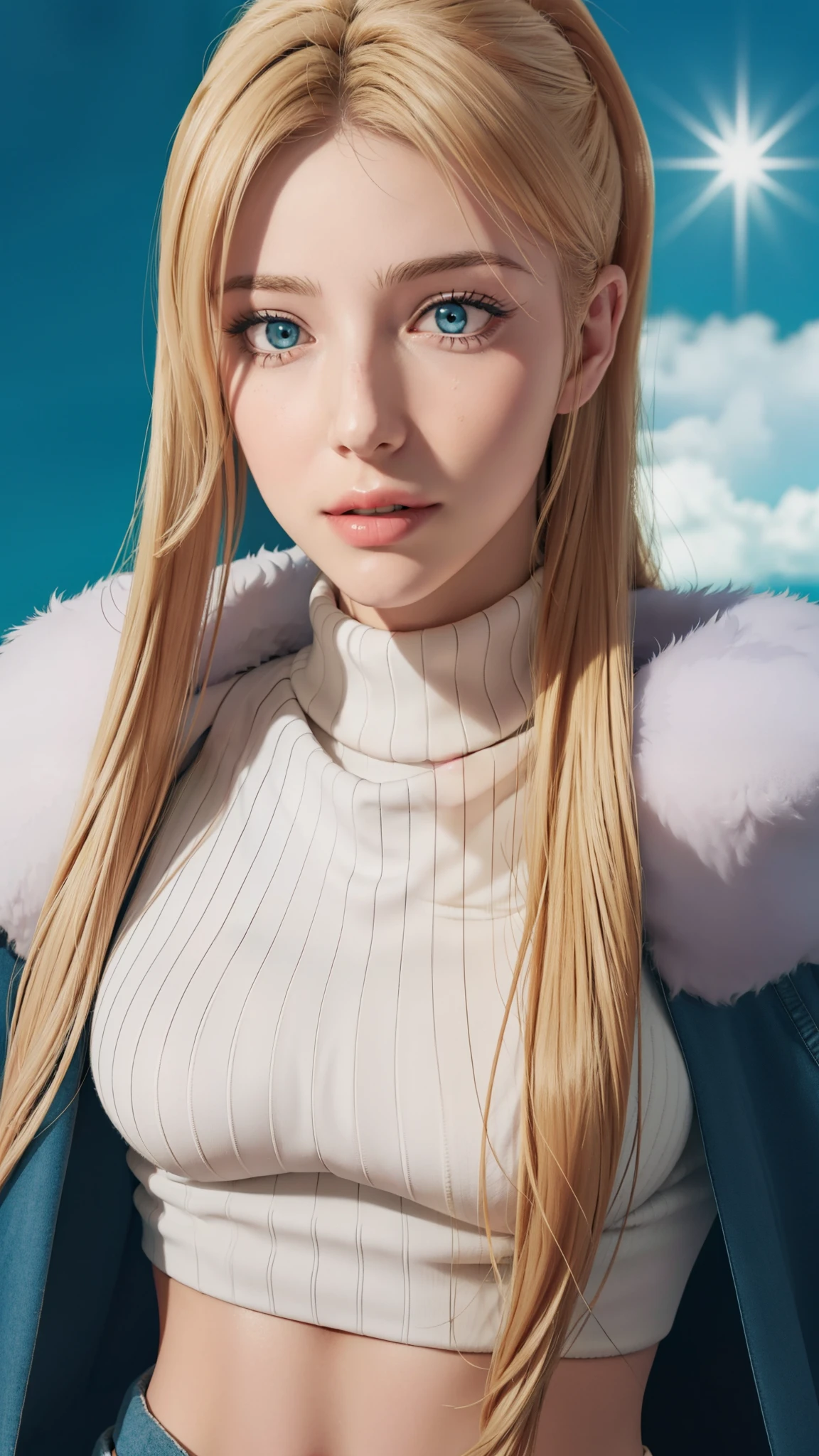 Simple White Background, tears, 
 blue coat, fur-trimmed cape, gloves,navel,crop top, sweater, turtleneck,
hair ornament, 
bangs, blonde hair,blue eyes,long hair,high ponytail, 
1 girl, 20yo,Young female,Beautiful Finger,Beautiful long legs,Beautiful body,
Beautiful Nose,Beautiful character design, perfect eyes, perfect face,expressive eyes,perfect balance,
looking at viewer,(Focus on her face),closed mouth, (innocent_big_eyes:1.0),serious, 
official art,extremely detailed CG unity 8k wallpaper, perfect lighting,Colorful, Bright_Front_face_Lighting,White skin,
(masterpiece:1.0),(best_quality:1.0), ultra high res,4K,ultra-detailed,
photography, 8K, HDR, highres, absurdres:1.2, Kodak portra 400, film grain, blurry background, bokeh:1.2, lens flare, (vibrant_color:1.2),professional photograph,
(Beautiful,Breasts:1.0), (beautiful_face:1.5),(narrow_waist),