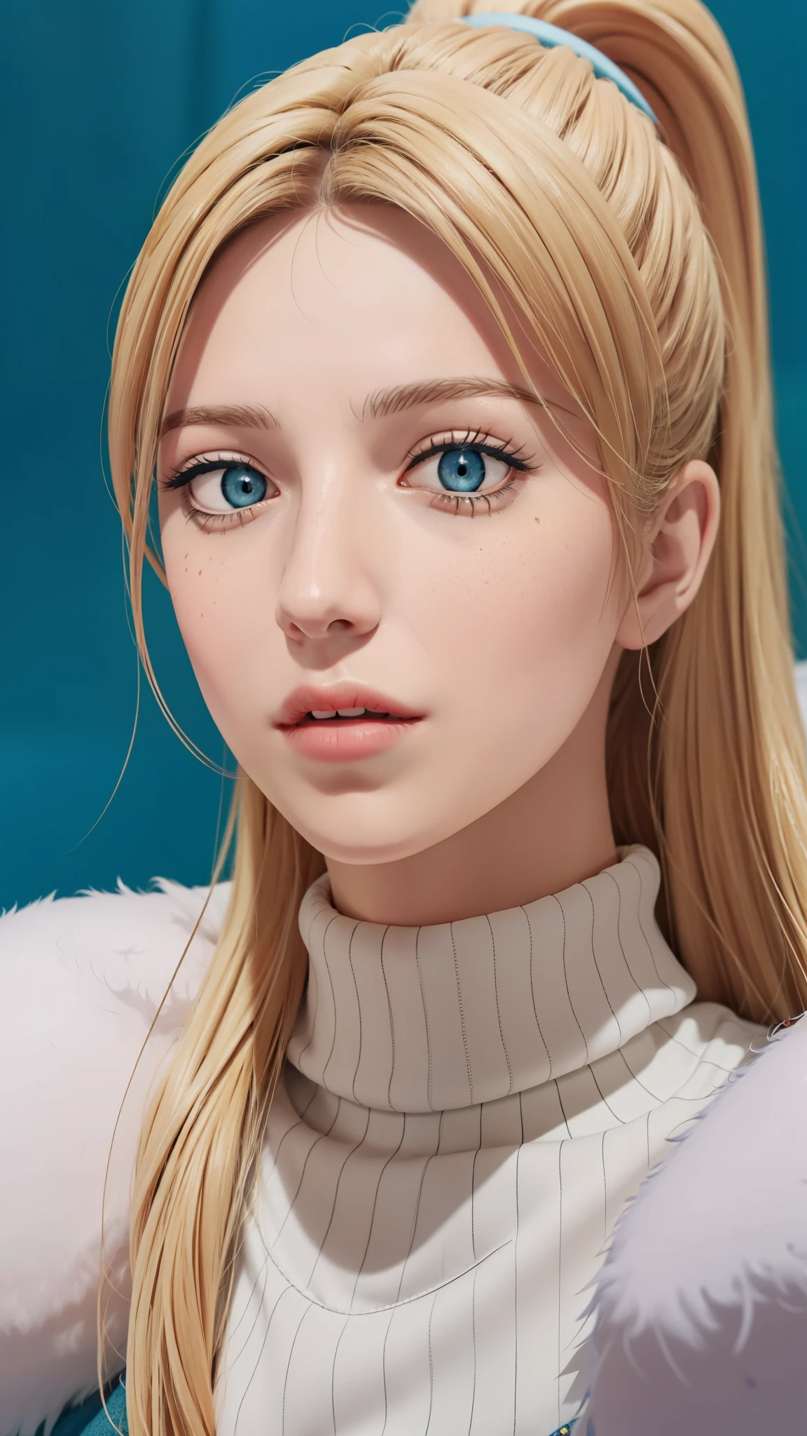 Simple White Background, tears, 
 blue coat, fur-trimmed cape, gloves,navel,crop top, sweater, turtleneck,
hair ornament, 
bangs, blonde hair,blue eyes,long hair,high ponytail, 
1 girl, 20yo,Young female,Beautiful Finger,Beautiful long legs,Beautiful body,
Beautiful Nose,Beautiful character design, perfect eyes, perfect face,expressive eyes,perfect balance,
looking at viewer,(Focus on her face),closed mouth, (innocent_big_eyes:1.0),serious, 
official art,extremely detailed CG unity 8k wallpaper, perfect lighting,Colorful, Bright_Front_face_Lighting,White skin,
(masterpiece:1.0),(best_quality:1.0), ultra high res,4K,ultra-detailed,
photography, 8K, HDR, highres, absurdres:1.2, Kodak portra 400, film grain, blurry background, bokeh:1.2, lens flare, (vibrant_color:1.2),professional photograph,
(Beautiful,Breasts:1.0), (beautiful_face:1.5),(narrow_waist),