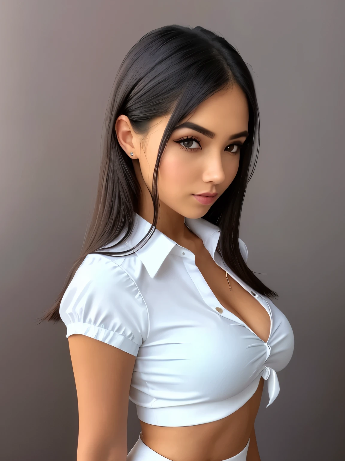 Gorgeous goddess with neck height black hair, heavy eye shadow, bright blue eyes, beautiful lips and bitting her bottom lip, perfect makeup, masterpiece, wearing a crop top white blouse with one button struggling to hold the shirt together, High waist, pleats, A-line, mini schoolgirl skirt, standing infront of a dark grey background, big breasts, slim thick, cleavage, shallow depth of field, sexy pose, 85mm 1.4,cinematic light, soft light, backlit, micro-details, photorealism, photorealistic, cinematic, close up, 3/4 face portrait