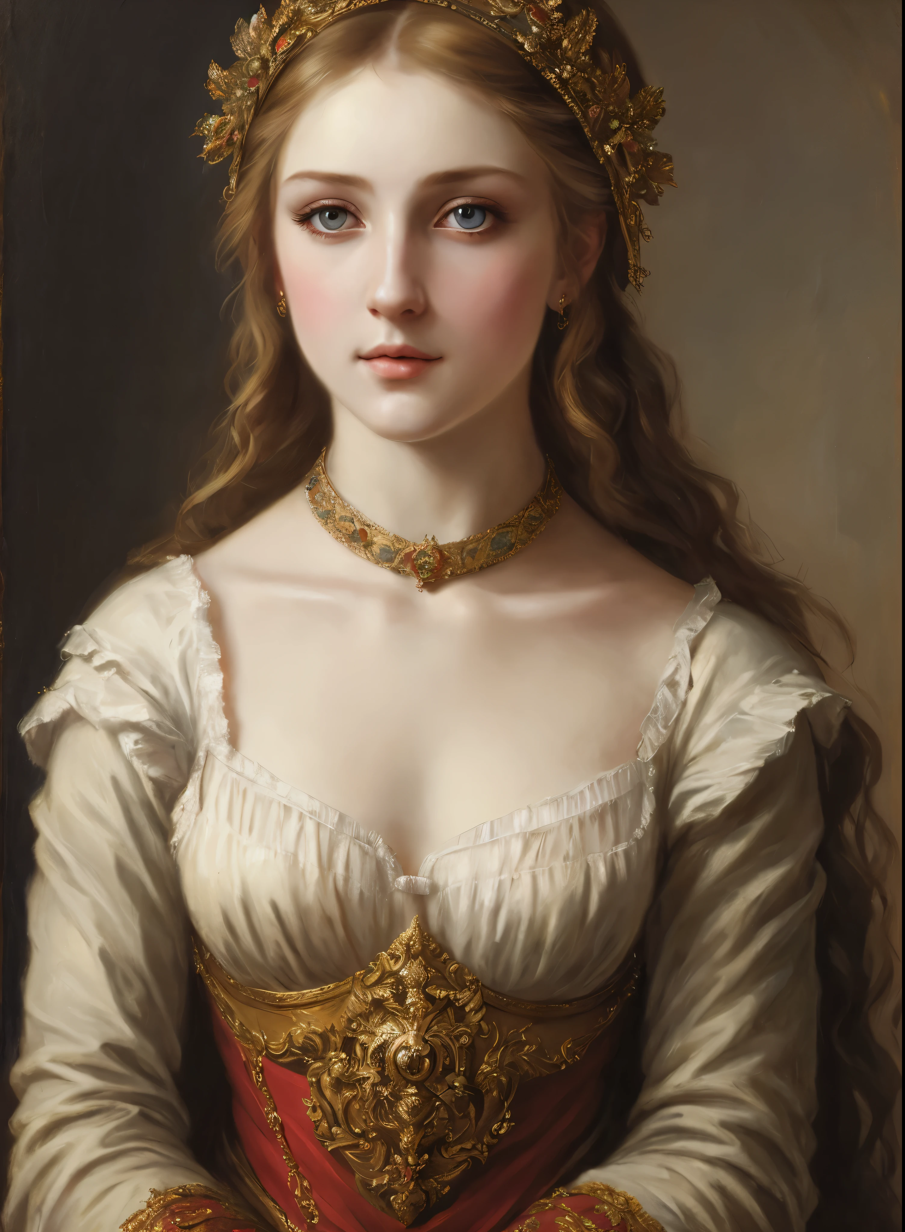 portrait, girl, middle ages, classicism, andrey atroshenko style, painting, pierced eyes, beautifully styled hair, traditional media, realistic, figurative, fine art, oil on canvas, HDR, 8K, original character, high resolution, high detail, focus on the face, beautiful eyes
