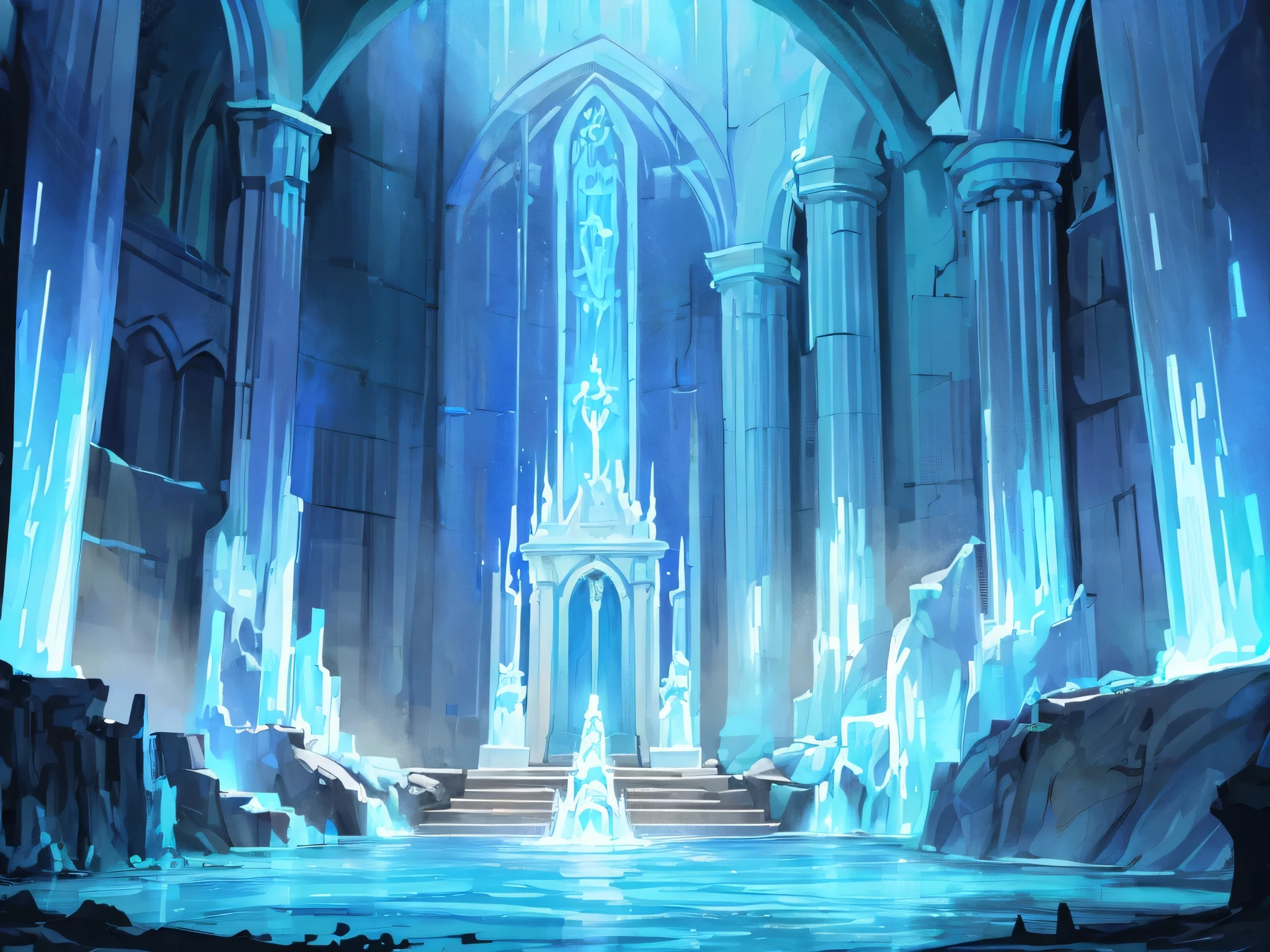 A water temple dedicated to the spirit Undine, Designed as a background for RPG battle scenes。. The temple is located in a mysterious water environment, Features waterfalls and sparkling blue water. internal, The atmosphere is charming, The walls are decorated with ancient carvings and sparkling blue gemstones. The floor of the temple is made of transparent blue tiles, The columns are made of white marble. In the center, The spirit Undine is worshiped, Depicted as a beautiful figure with a sparkling blue costume and long silver hair。, Surrounded by small water spirits dancing in the air. The sound of water creates a mysterious atmosphere. The background should capture the epic, mystical essence of the fantasy RPG setting.