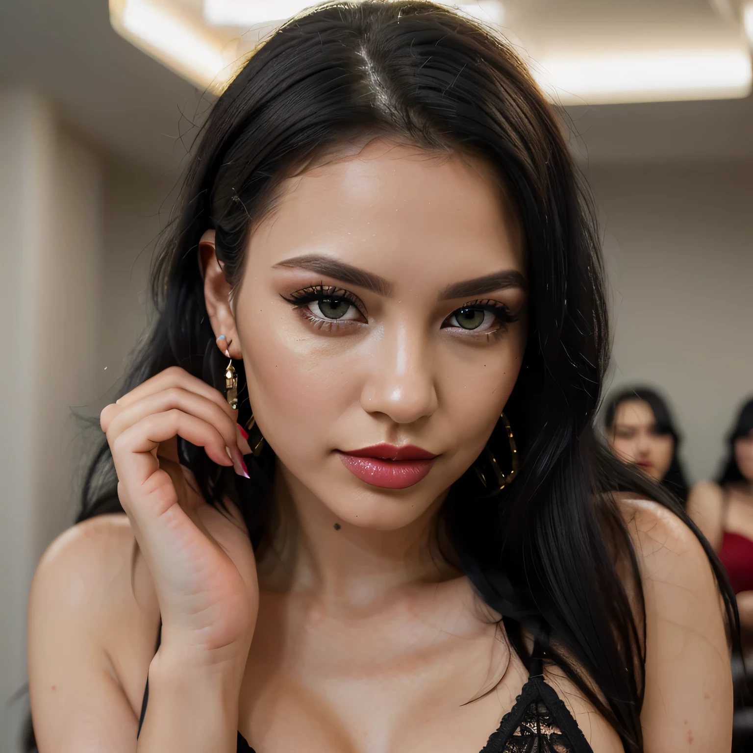 (calidad media, 1080 megapixels, media Resolucion, half resolution:1.2), (profesional, realista), mujer latina, inside a nigth club, neon ligth, (relajado, calma, peaceful), (con auriculares puestos, listening to music)