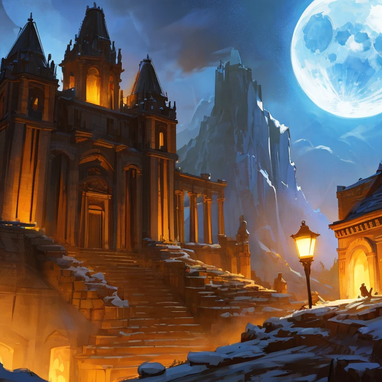 (High definition, high resolution, fantasy film, realistic, realistic comicbook style, fantasy film style), Ancient Inca temple, an entrance with some torches, ((Night, moonlight)), ((very dark)), a mountain at the background, ((close shot)), Inca building, Peruvian Inca stonemasonry