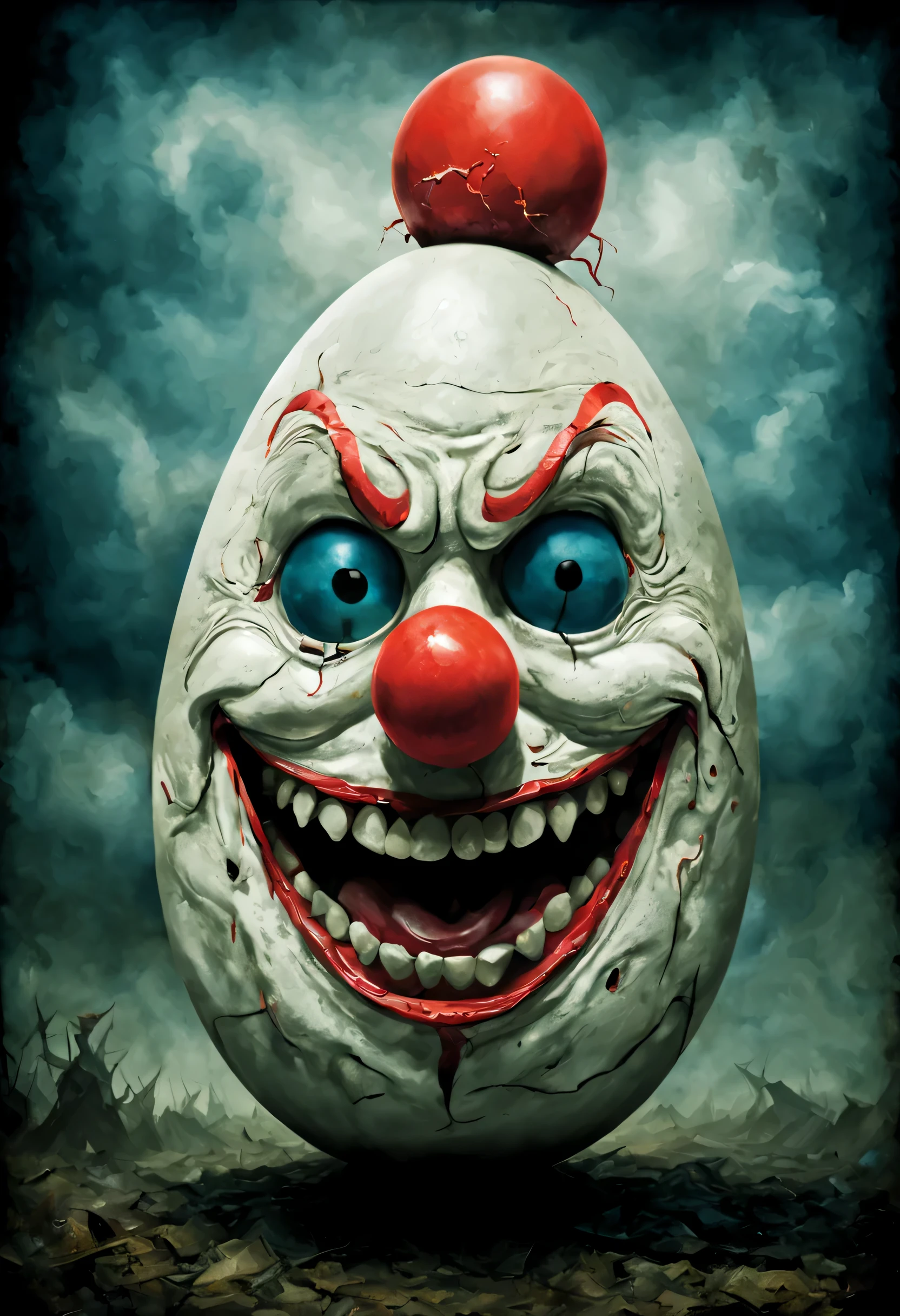 Eggstravaganza, an anthropomorphic egg with a scary clown face, on a terrifying gloomy background in the style of H.P. Lovecraft.