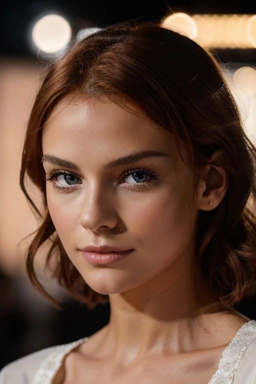 Photo de 20 Y.o Femelle, yeux parfaits, cheveux roux long, tresser, Regardez le spectateur, plan cinématographique, Ombres dures, photographie de haute qualité, Éclairage 3 points, Flash avec boîte à lumière, 4k, Canon EOS R3, HDR, Suave, netteté, haute résolution, Photo primée, 80mm, f2.8, Bokeh