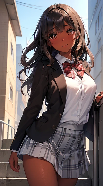 ((desktop, best quality, high quality, artwork, high resolution, nffsw, detailed,pixel perfect, perfect, detailed,absurd graphic, ultra 8K HD, nffsw, nffsw))), 1 dark-skinned woman, single, alone, beauty、full body seen 、 ((medium wavy hair, bangs, bright brown skin, black hair, dark skin)), ((brown eyes, beautiful eyelashes, olive skin, realistic eyes)), ((detailed face, blush: 1,2)), ((soft texture: 0.75, realistic texture: 0.65, photorealistic: 1.1, CG anime style)), medium breasts, dynamic angle, beautiful,perfect body, ((red bow tie, school uniform, black jacket, jacket open, brown cardigan, white shirt, black skirt, plaid skirts)), City staircase、Looking up the stairs from below、Very embarrassing panic smile,wallpaper, I turned around、leaning forward、(The wind blew my skirt and exposed my ass. ........ . .. .. ... ..、Touch the buttocks with both hands、White panties)、