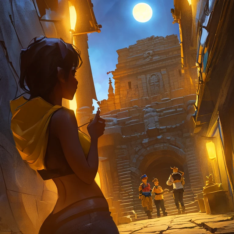 (High definition, high resolution, fantasy film, realistic, realistic comicbook style, fantasy film style), Ancient Inca temple, an entrance with some torches, ((Night, moonlight)), ((very dark)), a mountain at the background, ((close shot)), Inca building, Peruvian Inca stonemasonry