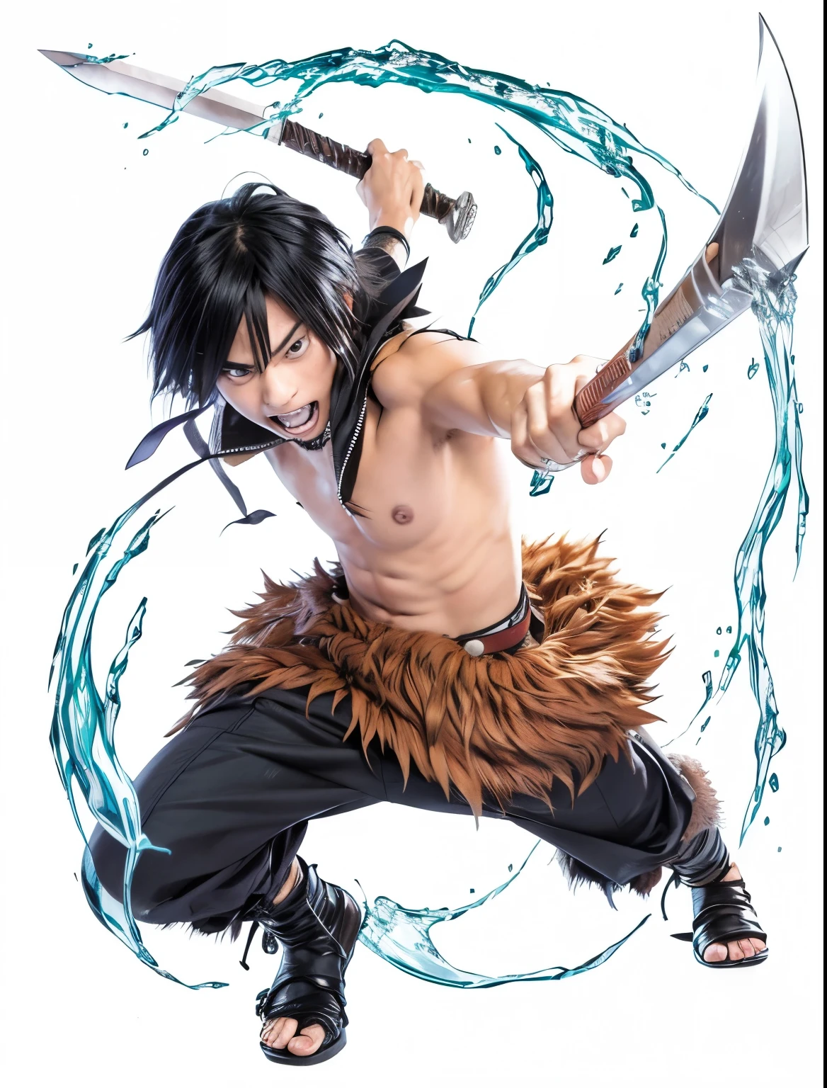 ((super realistic)) a cartoon image of a man with a sword and a furry tail, okata kazuto, otaku gangasta, handsome guy in demon slayer art, epic anime style, this character has cryokinesis, akiyuki shinbou, official art, ikuto yamashita, holds a sword, demon slayer rui fanart, djinn human hybrid, eren yeager