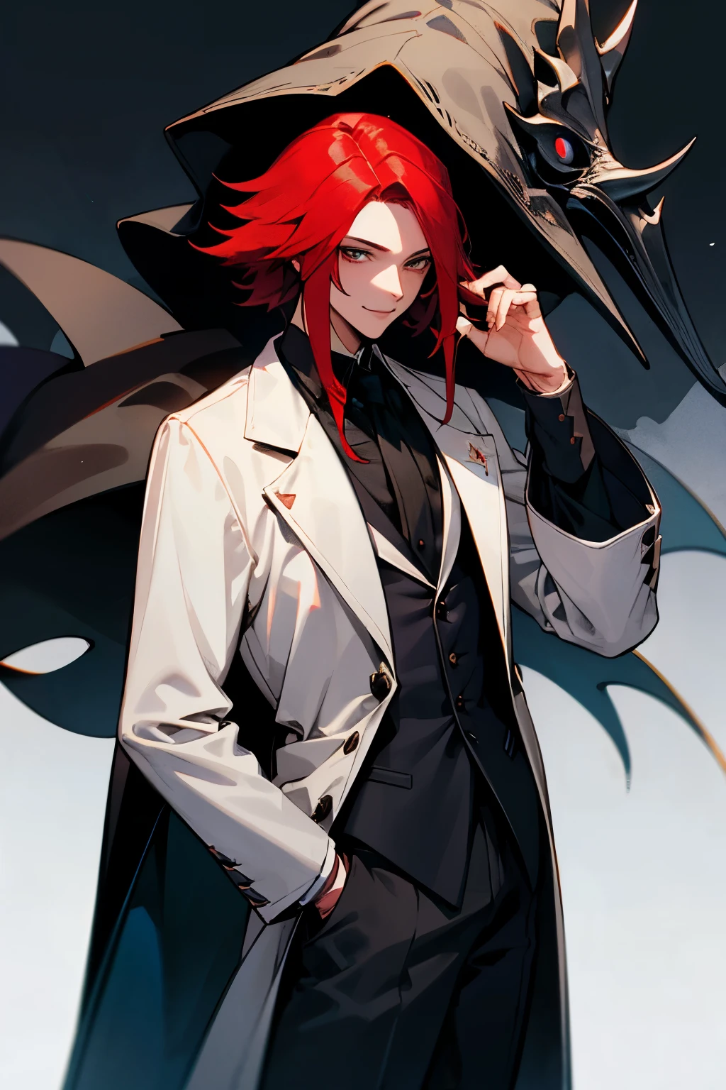 Put your hand in your pocket, The hair stands up, Final Fantasy, plague doctor,young male, red hair, Emerald eyes, Fantasy, handsome ,Talk a lot, Middle Ages, Shot hair, white jacket plague doctor ,smile