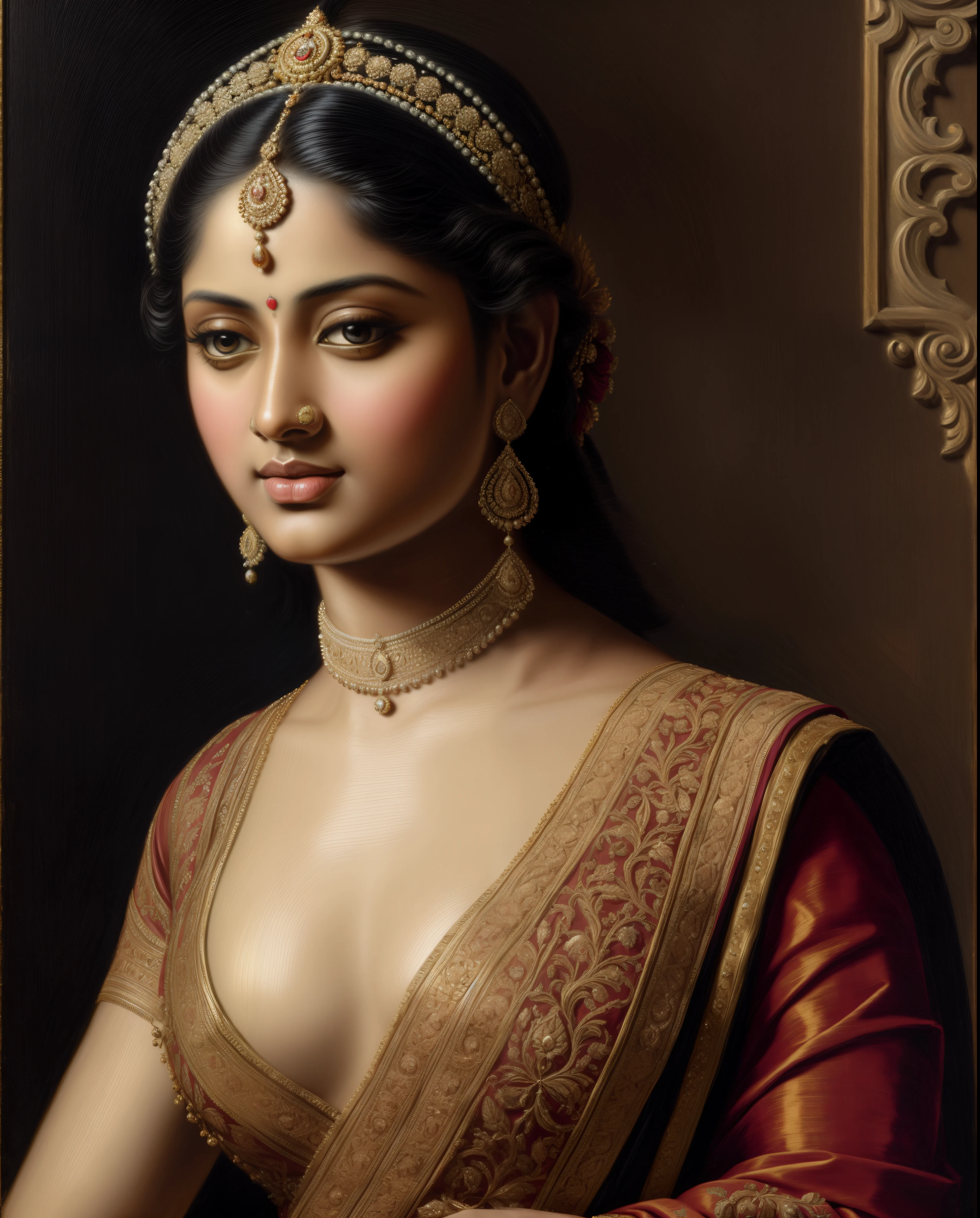 Beautiful Indian Woman, wearing saree, sari Beauty, gorgeous, Apsara, looks like Aparna Dixit, Maharani, royal queen woman, nymph from Hindu Mythology, Urvashi, matchless beauty, Highly detailed, Oil Painting by Peter Paul Rubens inspired by Raja Ravi Varma, Matchless beauty, captivating, gorgeous, heavenly beauty, celestial beauty, by Peter Paul Rubens, 1893, realistic, hyper realistic, micro details, incredible artwork, insane details, ultra High resolution, 8k, 32k, acrylic on canvas, intricate, flawless, detailed, detailed face, detailed eyes, masterpiece, by Peter Paul Rubens, by Caravaggio, by William Adolphe bouguereau, perfect face, perfect body, beautiful art, realism, baroque, renaissance Art, highly textured, beautiful and detailed eyes, uhd, best quality,