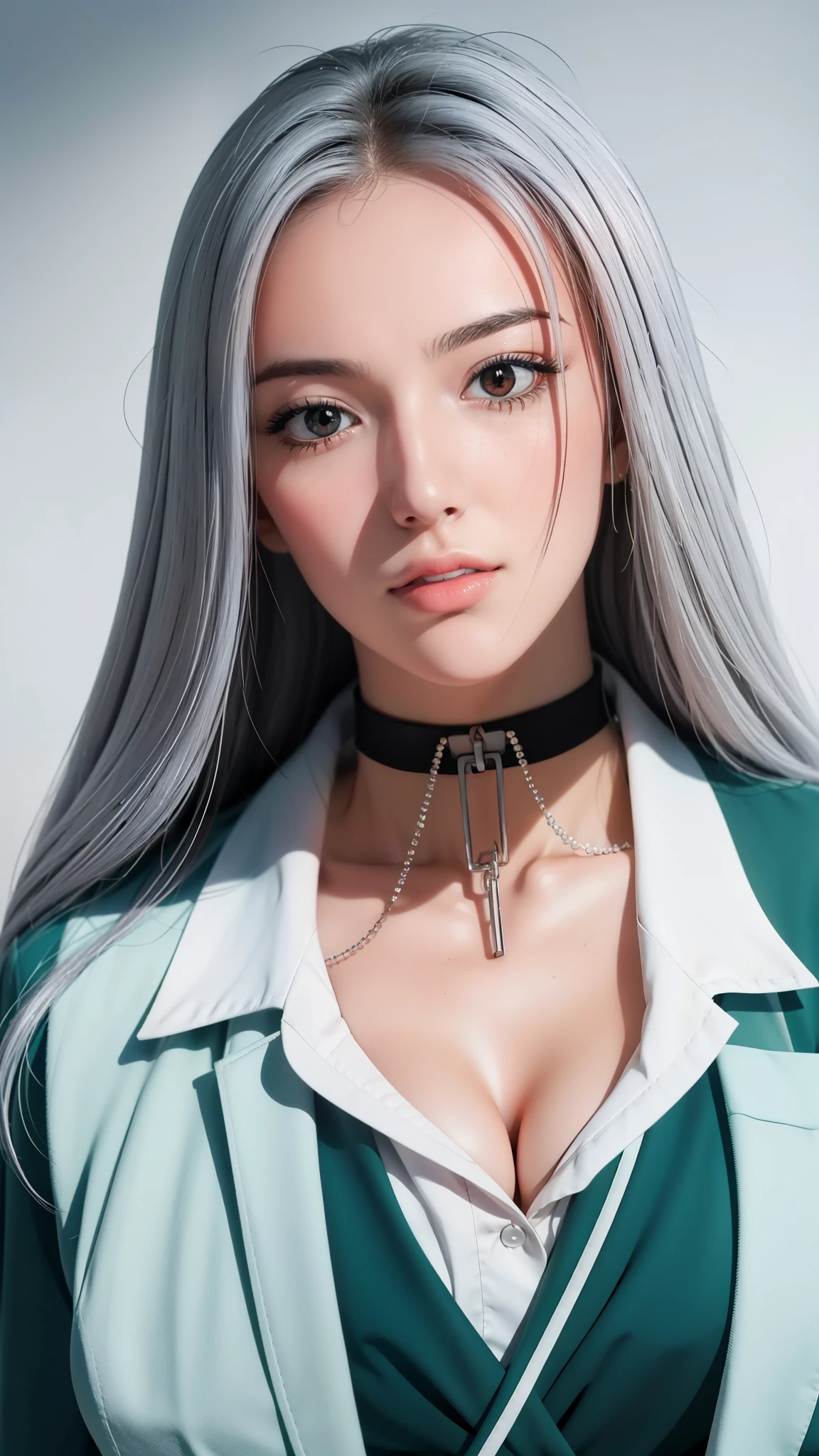 Simple White Background,
school uniform, green jacket,white collared shirt, Black Choker,
chained,jewelry,
White Hair,long hair,red eyes,Bangs,
1 girl, 20yo,Young female,Beautiful Finger,Beautiful long legs,Beautiful body,
Beautiful Nose,Beautiful character design, perfect eyes, perfect face,expressive eyes,perfect balance,
looking at viewer,(Focus on her face),closed mouth, (innocent_big_eyes:1.0),(Light_Smile:0.3),
official art,extremely detailed CG unity 8k wallpaper, perfect lighting,Colorful, Bright_Front_face_Lighting,White skin,
(masterpiece:1.0),(best_quality:1.0), ultra high res,4K,ultra-detailed,
photography, 8K, HDR, highres, absurdres:1.2, Kodak portra 400, film grain, blurry background, bokeh:1.2, lens flare, (vibrant_color:1.2),professional photograph,
(Beautiful,Breasts:1.0), (beautiful_face:1.5),(narrow_waist),