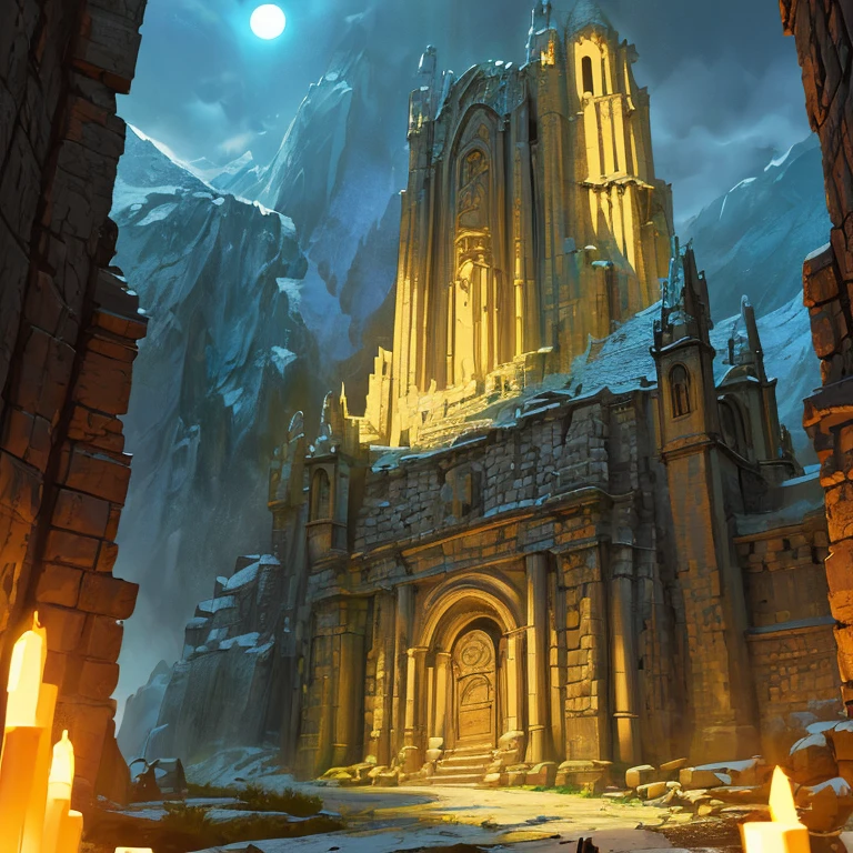 (High definition, high resolution, fantasy film, realistic, realistic comicbook style, fantasy film style), Ancient Inca temple, an entrance with some torches, ((No people, nobody is around)),((Night, moonlight)), ((very dark)), a mountain at the background, ((close shot)), Inca building, Peruvian Inca stonemasonry, night illumination, a bit of vegetation