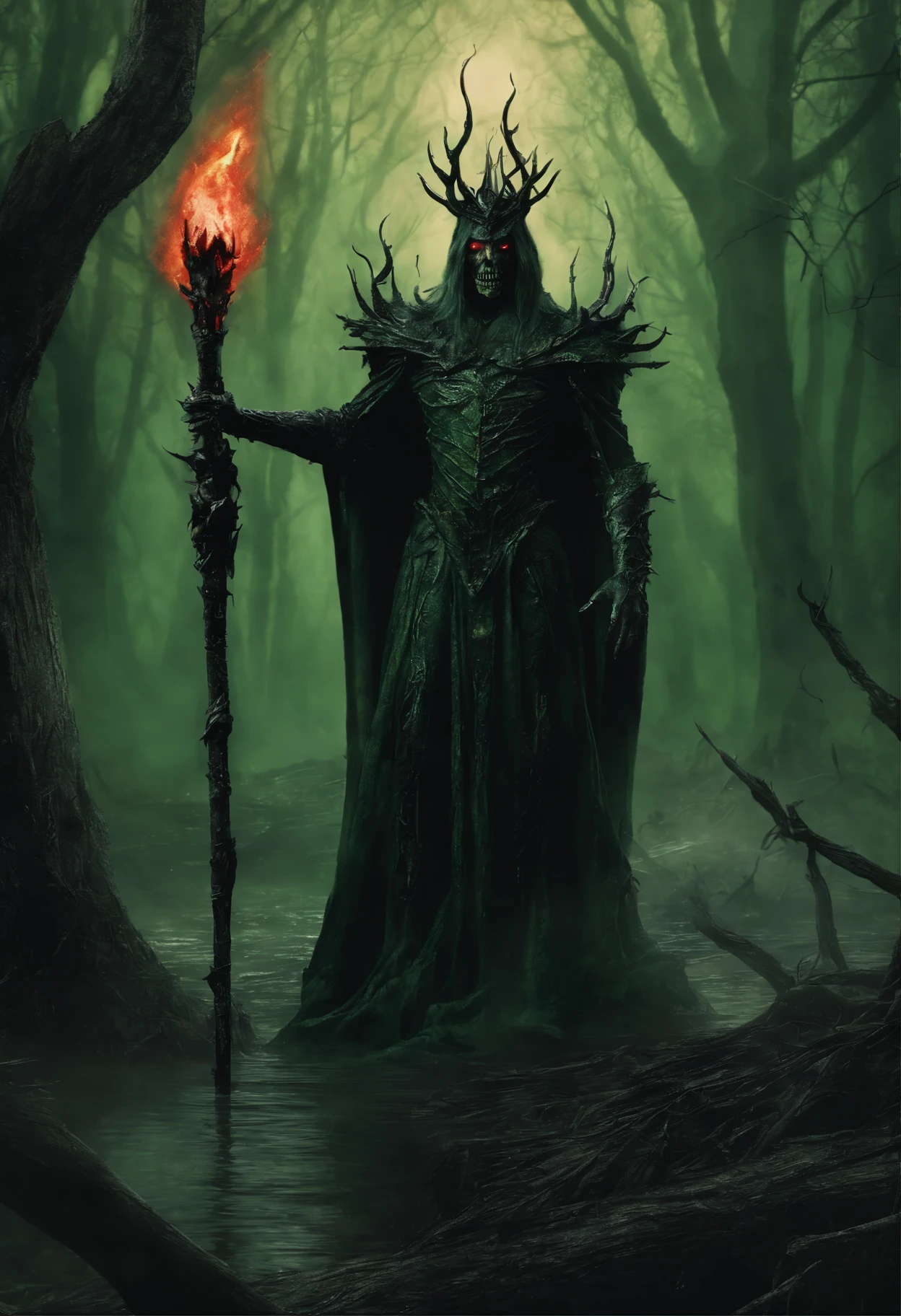 a lich-queen in crown with ((red glowing eyes)) walks through a swampy forest BREAK holding a long massive staff, (green magic flame burning in the tip of the staff:1.5) BREAK night, moon, bats, (Best Quality, 16K, Masterpiece, UHD:1.3, Huge detail, hyper realistic, epic scale, insane level of details)