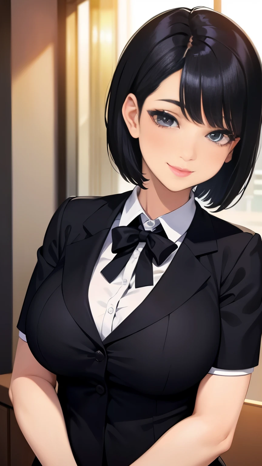 Beautiful busty office worker in suit, (Black Short-Cut Hair:1.3), 24 years old, Smiling and gentle face
