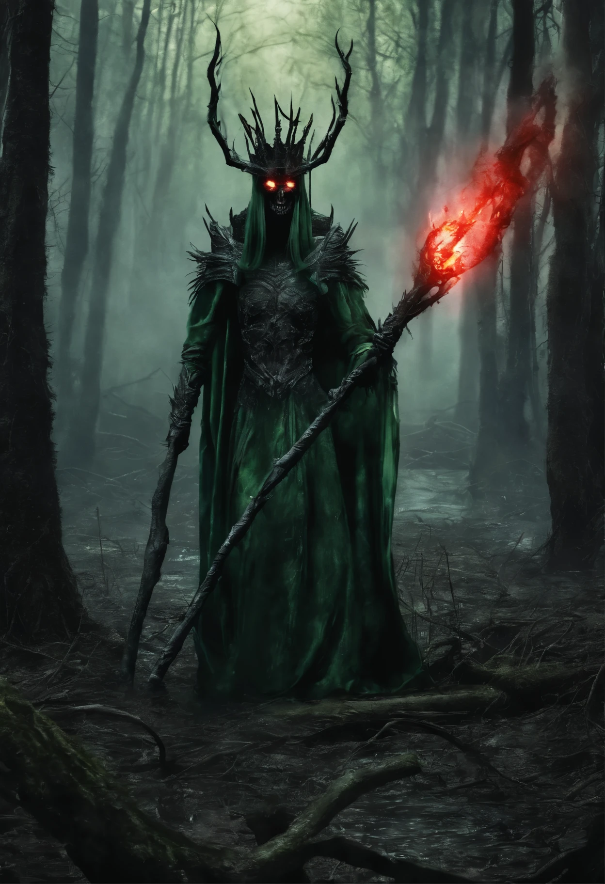a lich-queen in crown with ((red glowing eyes)) walks through a swampy forest BREAK (holding a long massive staff with a green magic flame burning in the tip of the staff:1.5) BREAK night, moon, bats, (Best Quality, 16K, Masterpiece, UHD:1.3, Huge detail, hyper realistic, epic scale, insane level of details)