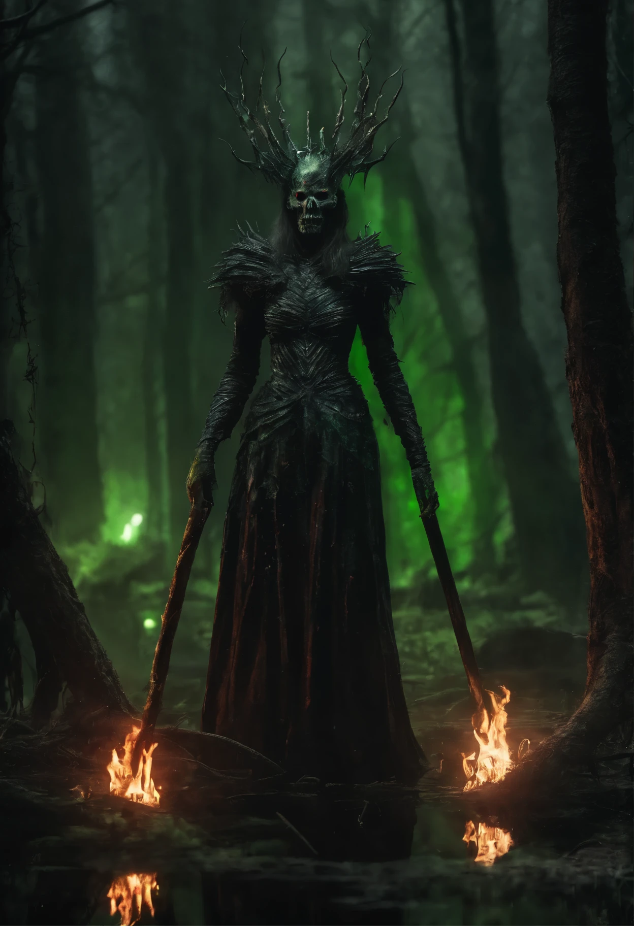 a lich-queen in crown with ((red glowing eyes)) walks through a swampy forest BREAK (holding a long massive staff with a green magic flame burning in the tip of the staff:1.5) BREAK night, moon, bats, (Best Quality, 16K, Masterpiece, UHD:1.3, Huge detail, hyper realistic, epic scale, insane level of details)