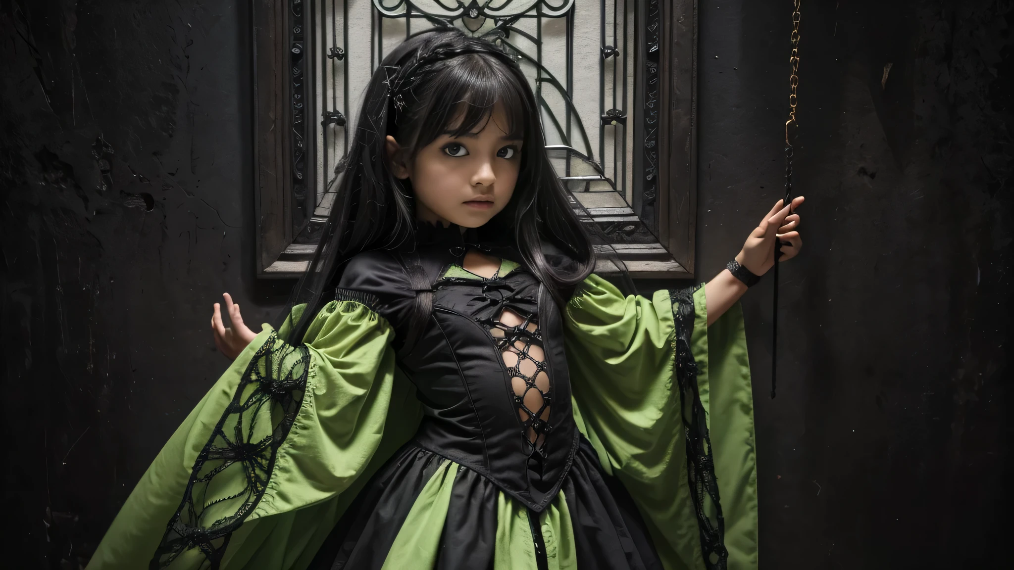 Child girl in gothic net symbolic clothes, 。fundo verde doente , .com (Arame farpado do corpo) cabelo de cor morena，Extremidades dos cabelos grisalhos,