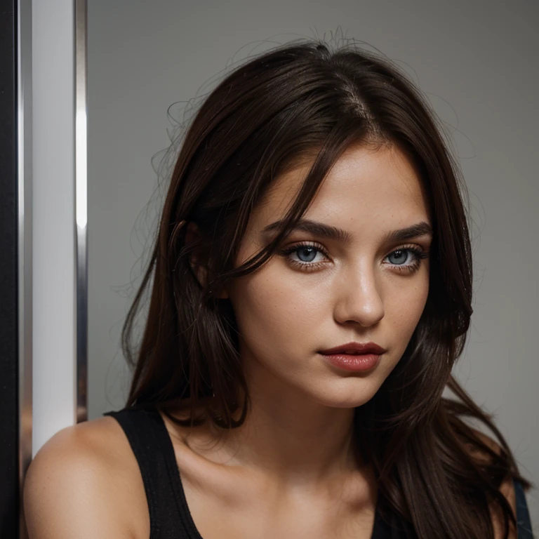 Albanian, girl, brown hair, blue eyes, short black top,silver lipstick,