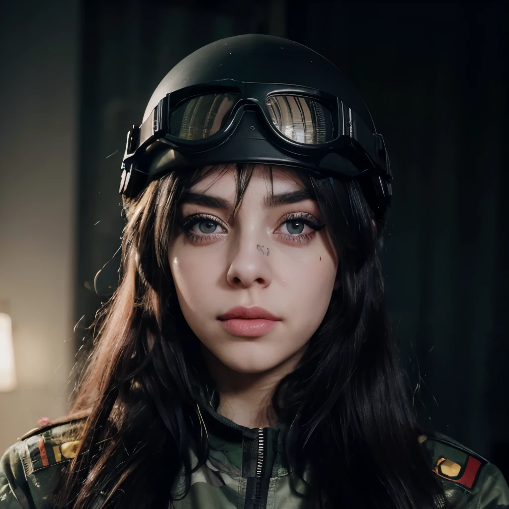Billie Eilish, lipstick, eyeliner, eyeblush, pretty, cute, adorable, soft smile, military helmet with night vision, military suit, war paint on cheeks, goggles on