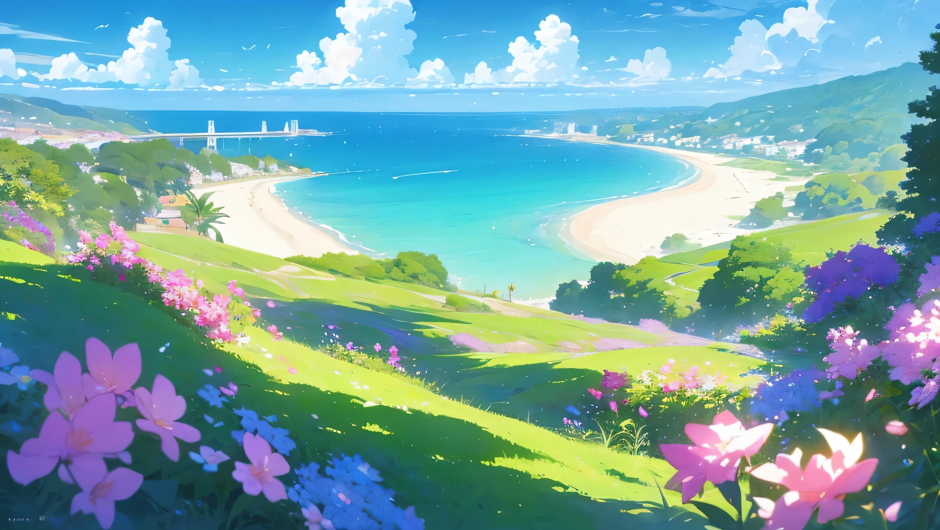 painting of a beach with flowers and a cliff in the background, beautiful wallpaper, flowers sea everywhere, ross tran. scenic background, beach landscape, beautiful art uhd 4 k, anime beautiful peace scene, beautiful beach, beautiful anime scenery, scenery artwork, beautiful anime scene, amazing wallpaper, magnificent background, rhads and thomas kinkade, scenery wallpaper, beautiful scenery