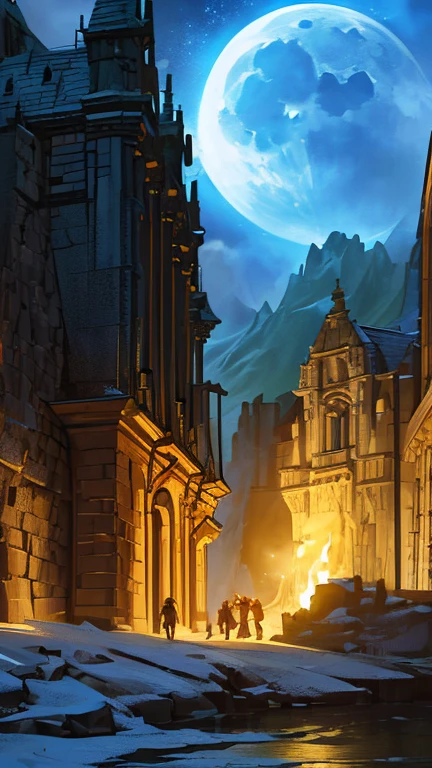 (High definition, high resolution, fantasy film, realistic, realistic comicbook style, fantasy film style), Inca building, an entrance with some torches, ((Night, moonlight)), ((very dark)), a mountain at the background, ((close shot)), ((Inca building, Peruvian Inca stonemasonry))