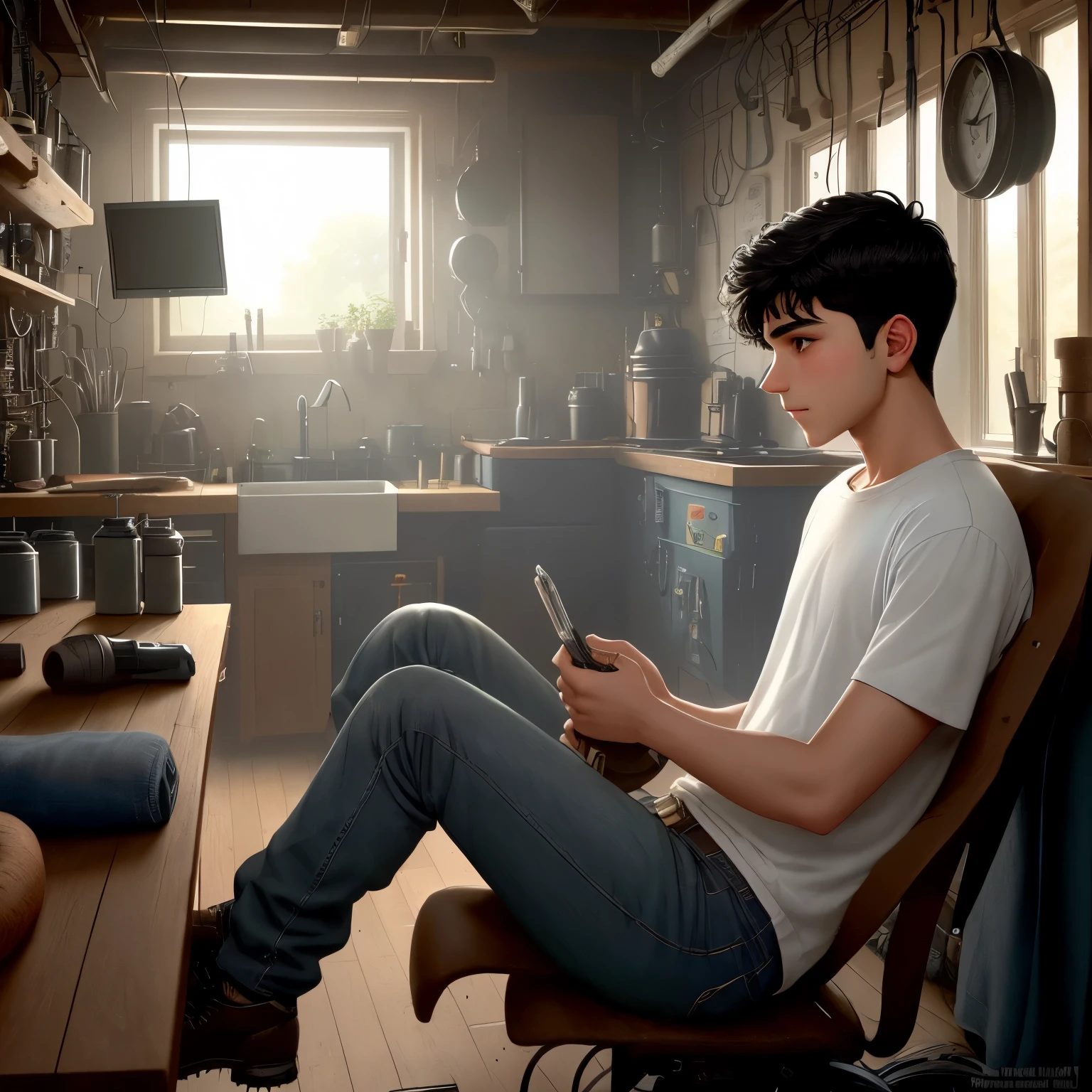Ali Hashemian is a thoughtful and inquisitive ager around 16 y has dark,intense eyes and short, black hair. Normally, he can be found in his favorite faded jeans and a simple white T-shirt. Today, he is hunched over his workbench in the dimly lit, cluttered basement lab, meticulously tinkering with a complex mechanical prototype. The room is filled with the scent of burnt wires and the soft hum of machinery. Through the small window, the forest beyond casts sporadic rays of sunlight onto the room, creating intricate shadows on the highly detailed walls.
